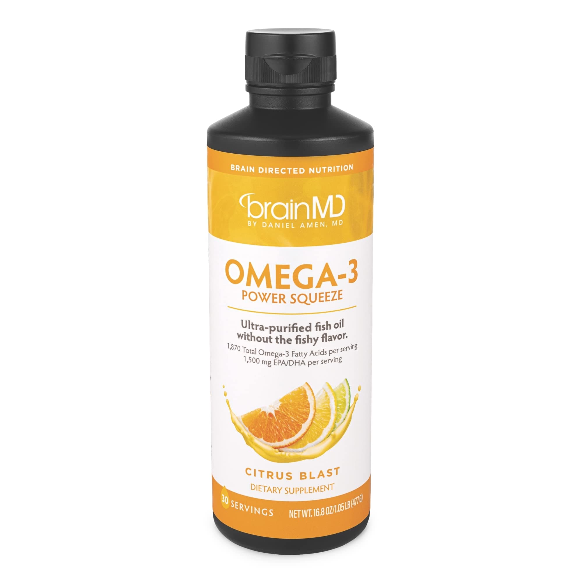 Dr Amen Omega-3 Power Squeeze, Citrus Blast - 16.8 oz - Fish Oil - Supports Cardiovascular, Brain & Immune System Health - Gluten Free - 30 Servings