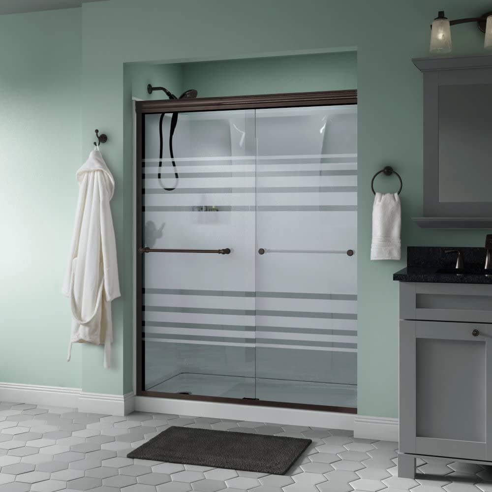 Delta Shower Doors SD3172329 Windemere 60" x 70" Semi-Frameless Traditional Sliding Shower Door in Bronze with Transition Glass
