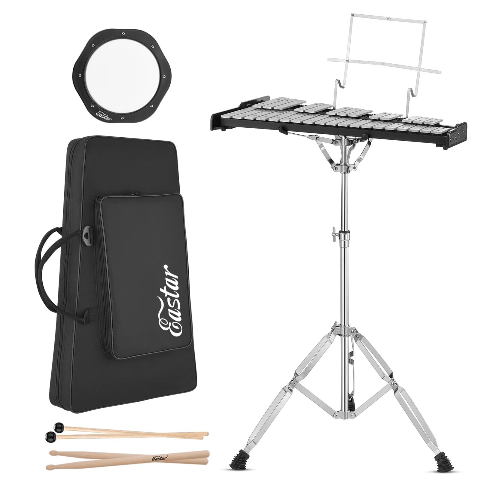 Eastar Advanced 32 Note Glockenspiel Xylophone Bell Kit Beginner Students, Percussion Kit with 8'' Drum Practice Pad, Adjustable Stand, Glockenspiel Stick, Drum Sticks and Carrying Bag