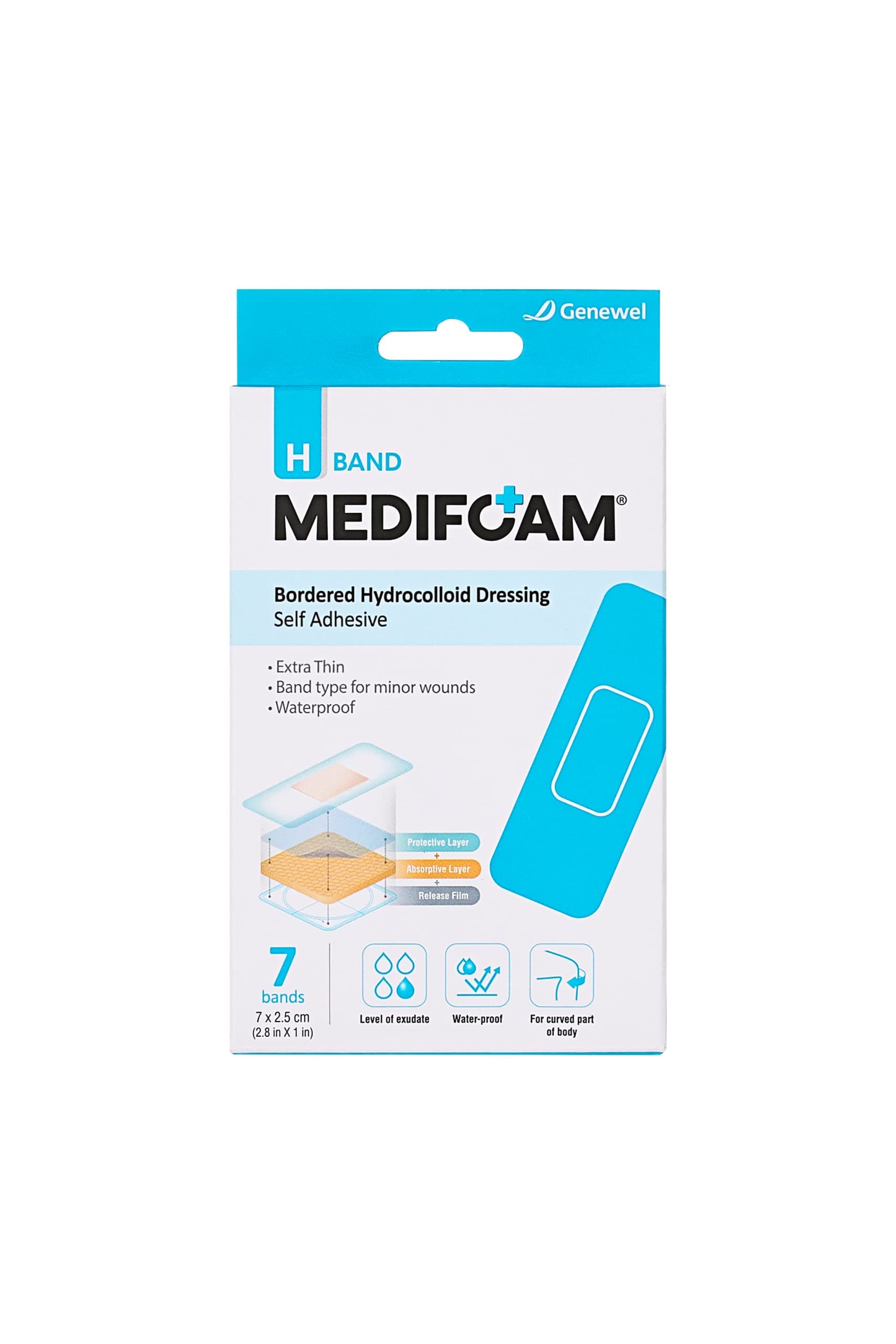 H Band - Bordered Hydrocolloid Dressing, Self Adhesive Wound Dressing, Water Proof, Extra Thin, Band Type for Minor Wounds, 1in x 2.8in (7 Bands) | FSA/HSA Approved
