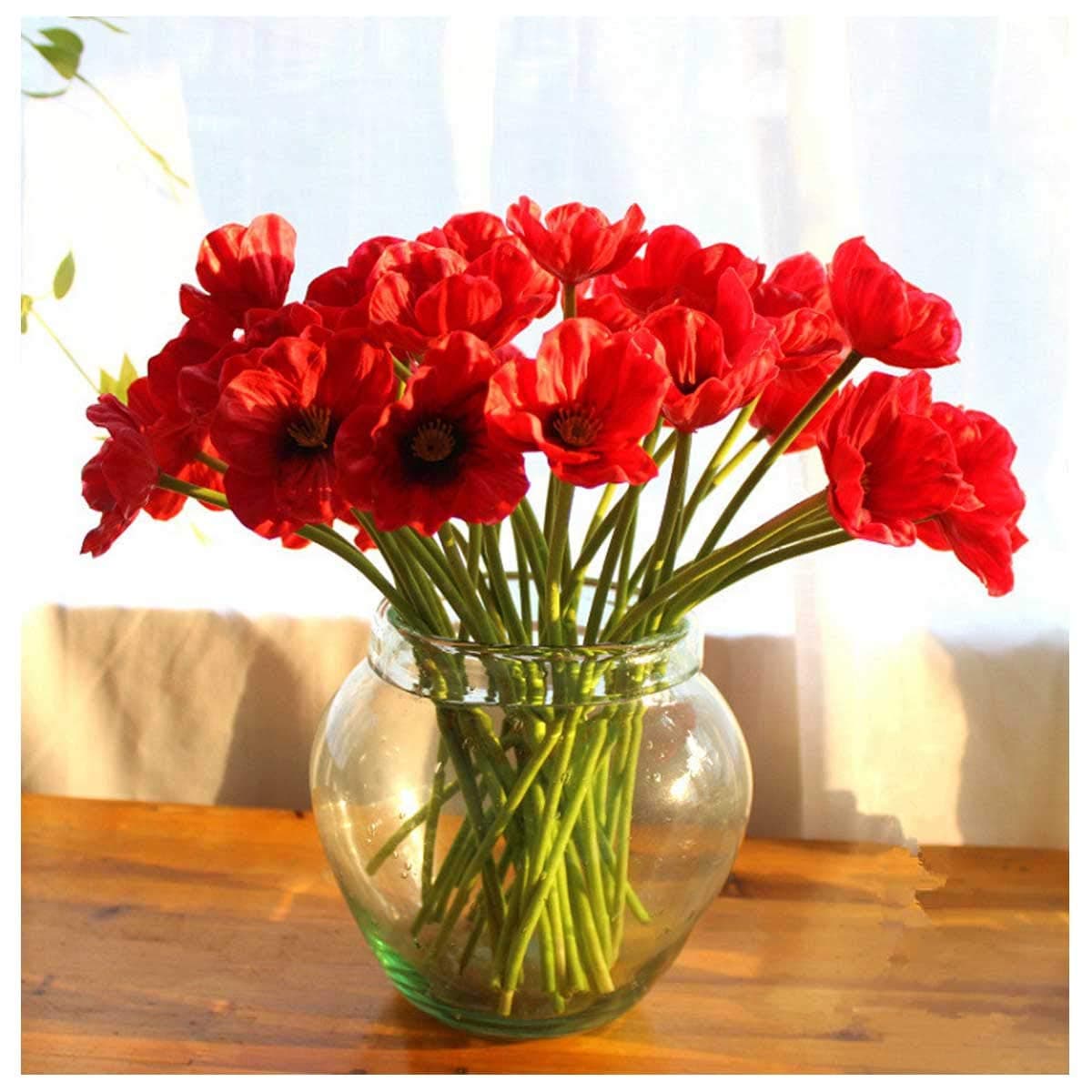 10 PCS High Quaulity Fresh Artificial Mini Real Touch PU/ latex Corn Poppies Decorative Silk fake artificial poppy flowers for Wedding holiday Bridal Bouquet Home Party Decor bridesmaid (Red)