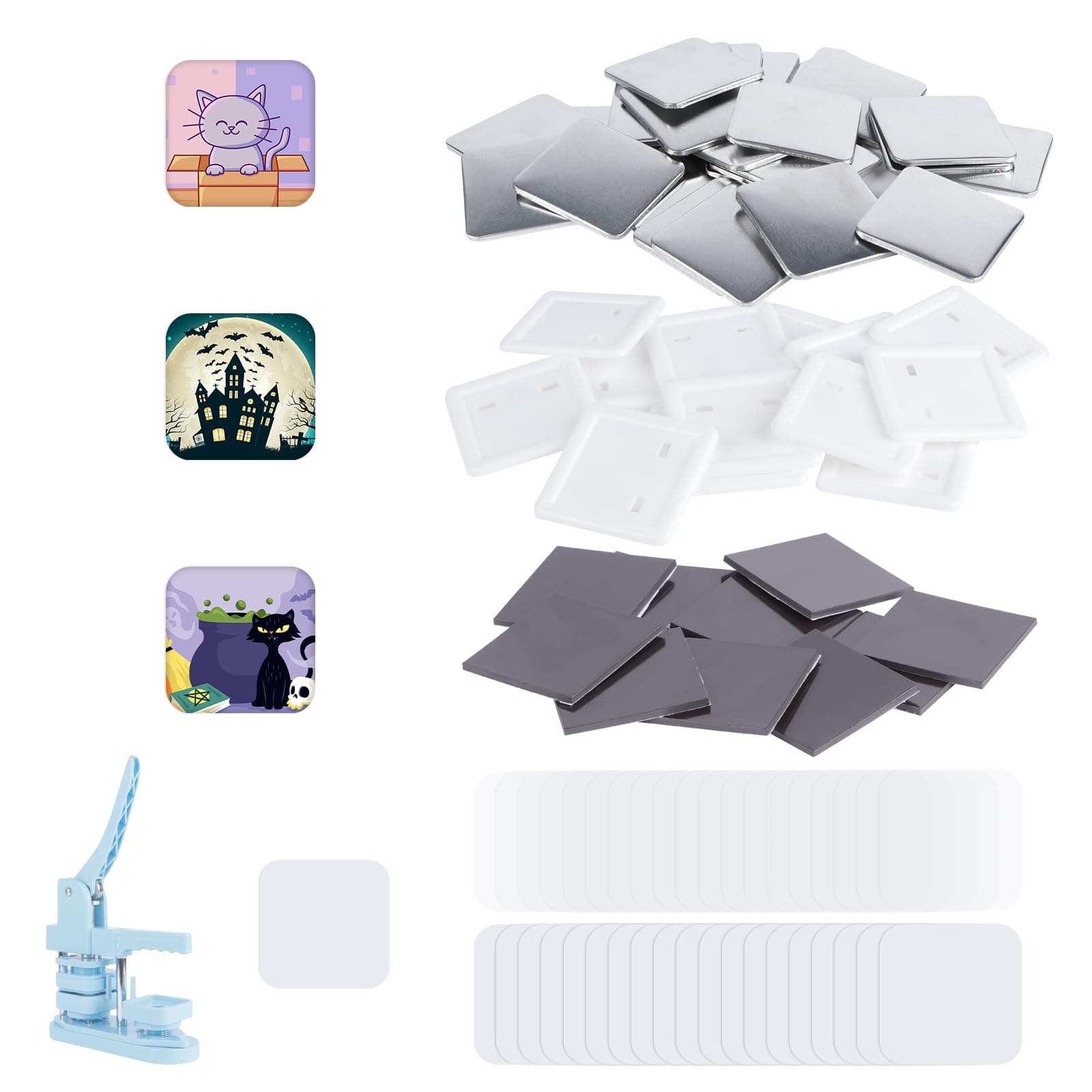 100 Sets Square Button Parts，Fridge Magnet Button Maker Supplies for Square-Shaped Badge Maker Machine 50mm，Including Metal Cover, Plastic Back Cover, Clear Film,