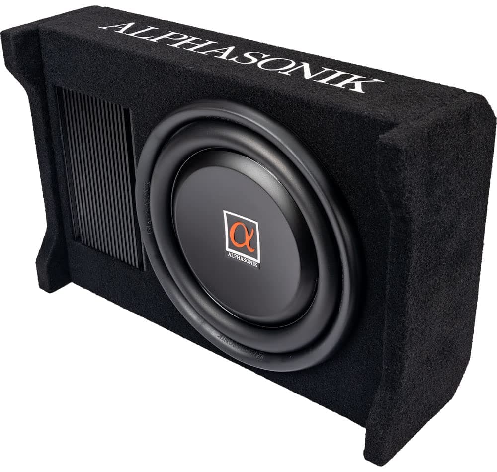 Alphasonik AS100A 10" 1200 Watts with a Built-in Amplifier Down Fire Shallow Mount Enclosed for Tight Spaces in Cars and Trucks, Slim Thin Loaded Subwoofer Air Tight Sealed Bass Enclosure
