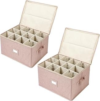 popoly Wine Glass Storage Box 2 Pack, Stemware Storage Containers Cases with Dividers, Stackable Moving Supplies for 24 Wine Glasses, Drinkware, Glassware or Crystal, (Beige)