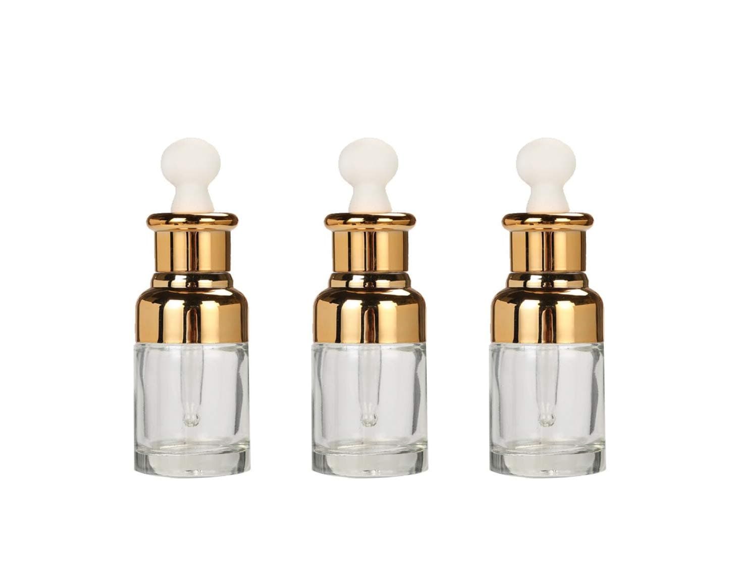 QUUPY 3pcs 2/3 OZ Empty Refillable Transparent Glass Bottles Containers Vials With White Head Essential Oil Dropper Pipettes Used For Essential Oils Colognes Perfumes Liquids(Gold) (20 ML)
