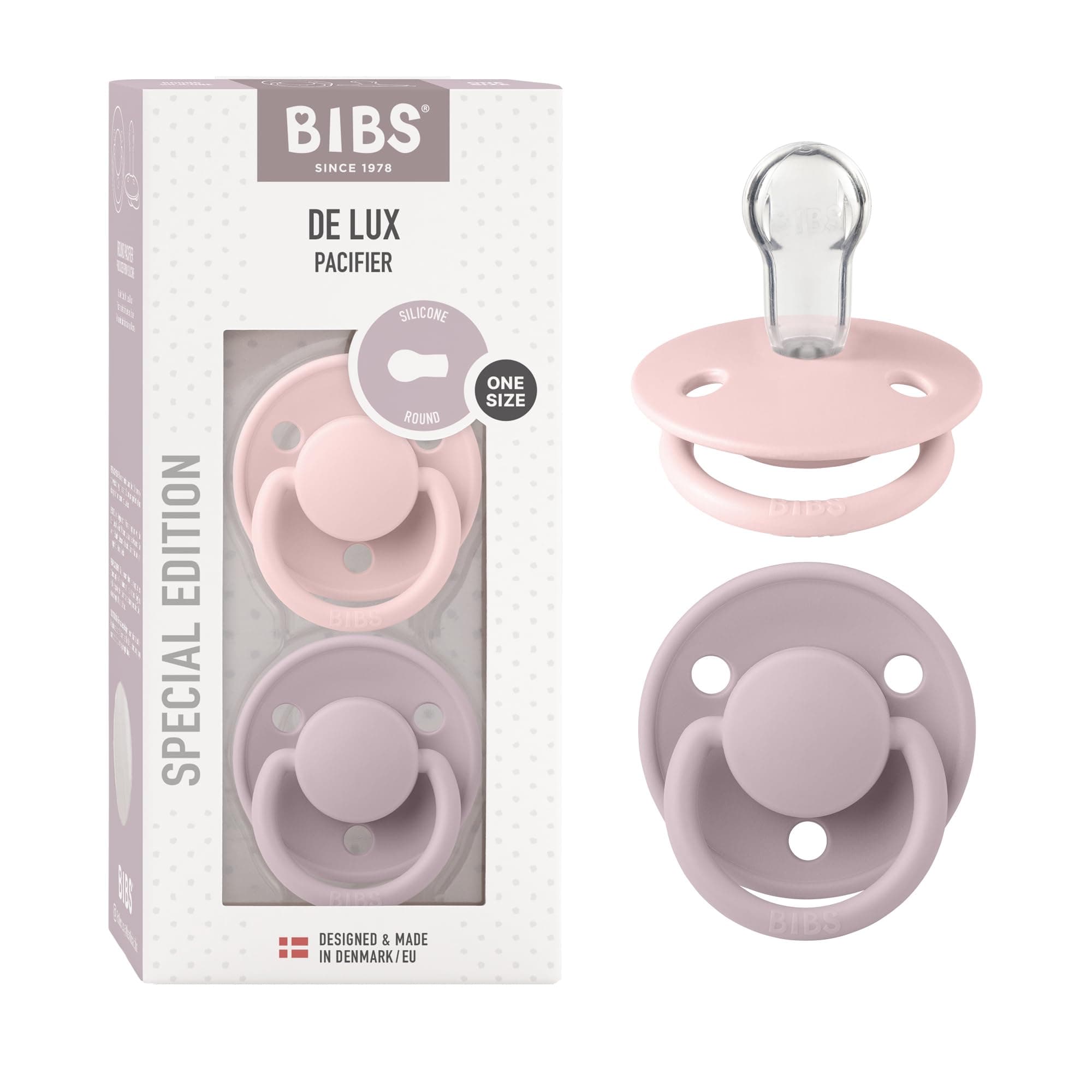 BIBS De Lux Soother 2-Pack, BPA Free Dummy Pacifier, Round Silicone, Made in Denmark. 0-36 Months (Pack of 2), Blossom/Dusky Lilac
