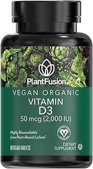 Plantfusion Vegan Vitamin D3 2000IU, Organic Vitamin D3, Sourced from Vitashine Plant Based Lichen, Helps Support Bone Health, 60 Tablets
