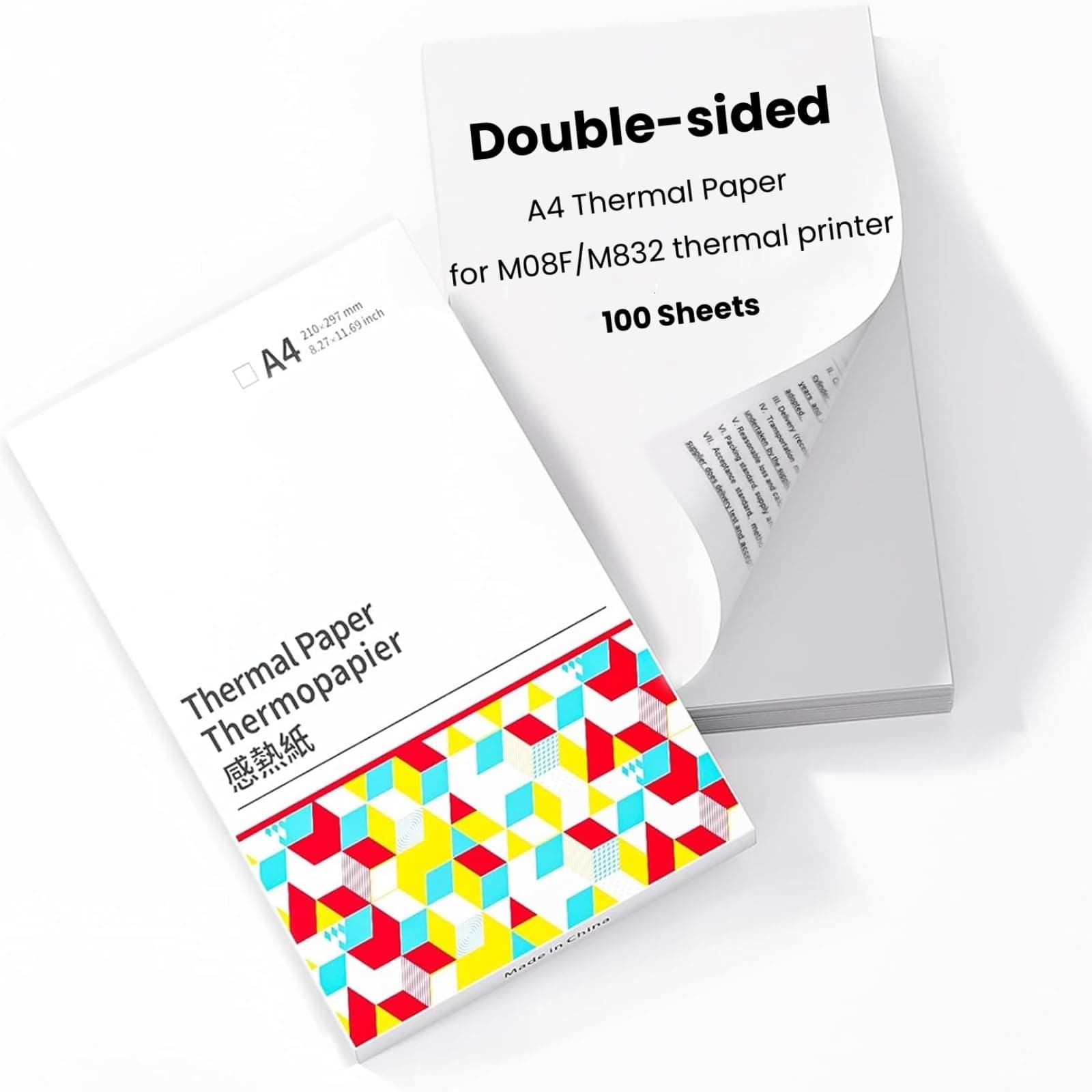 Double-Sided Thermal Paper A4, Duplex Printing, Multipurpose Office Paper 100 Sheets, White Thermal Printer Paper Compatible with Phomemo M832 M08F A4