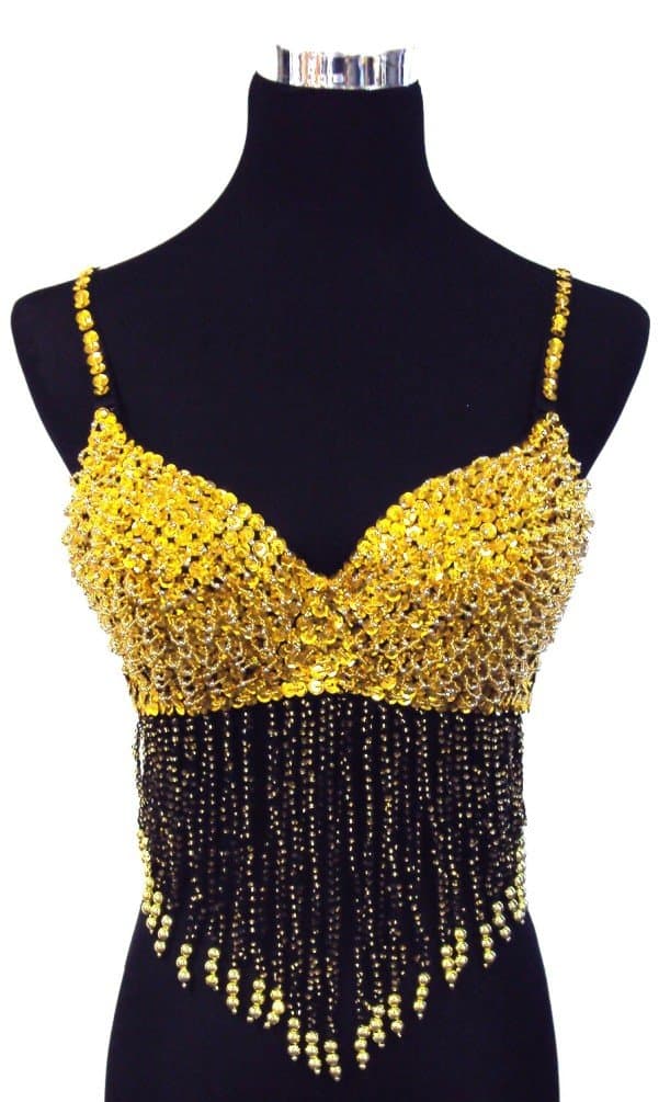 Professional Belly Dance Sequin Dangling Beaded Bra Top -Gold