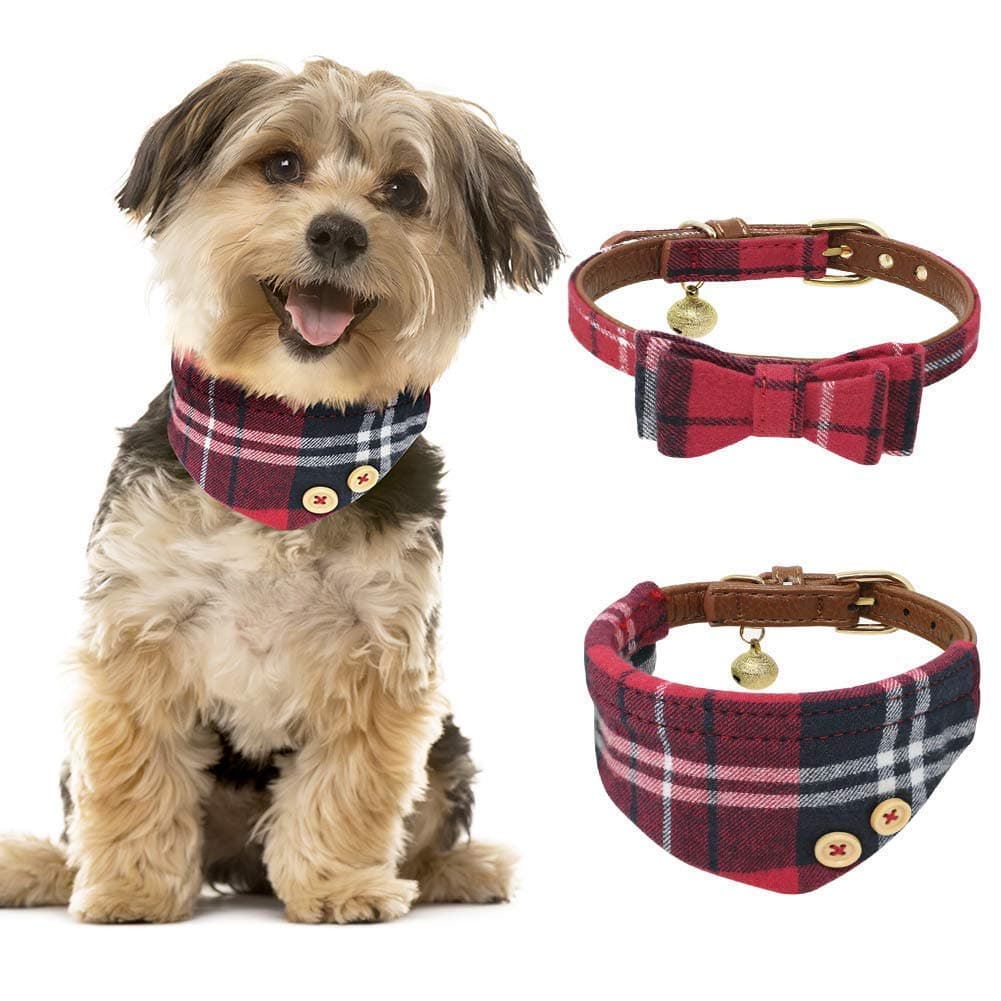 Yoolinker Leather and Plaid Cat Small Dog Adjustable Collar with Bell - Pack of 2