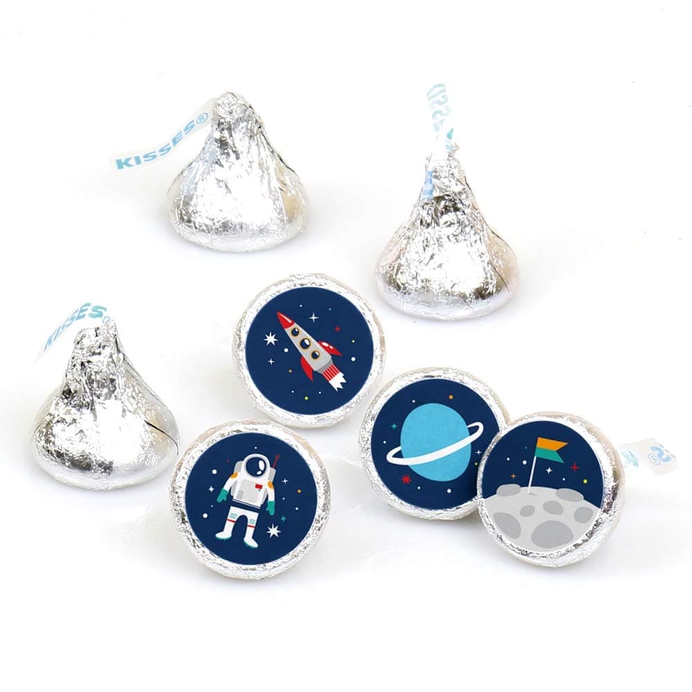 Big Dot of Happiness Blast Off to Outer Space - Rocket Ship Baby Shower or Birthday Party Round Candy Sticker Favors - Labels Fit Chocolate Candy (1 Sheet of 108)