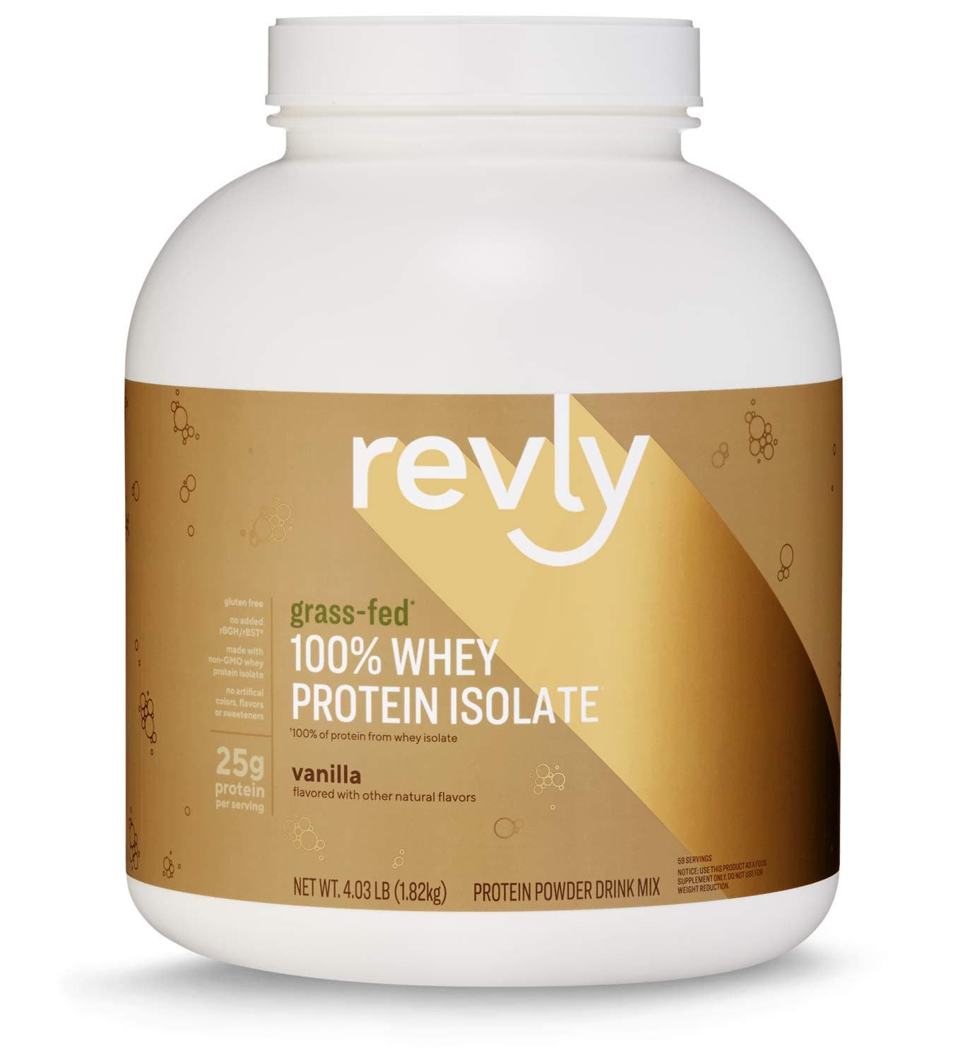 Amazon Brand - Revly 100% Grass-Fed Whey Protein Isolate Powder, Vanilla, Gluten Free, Non-GMO, 4.03 Pound (Pack of 1)
