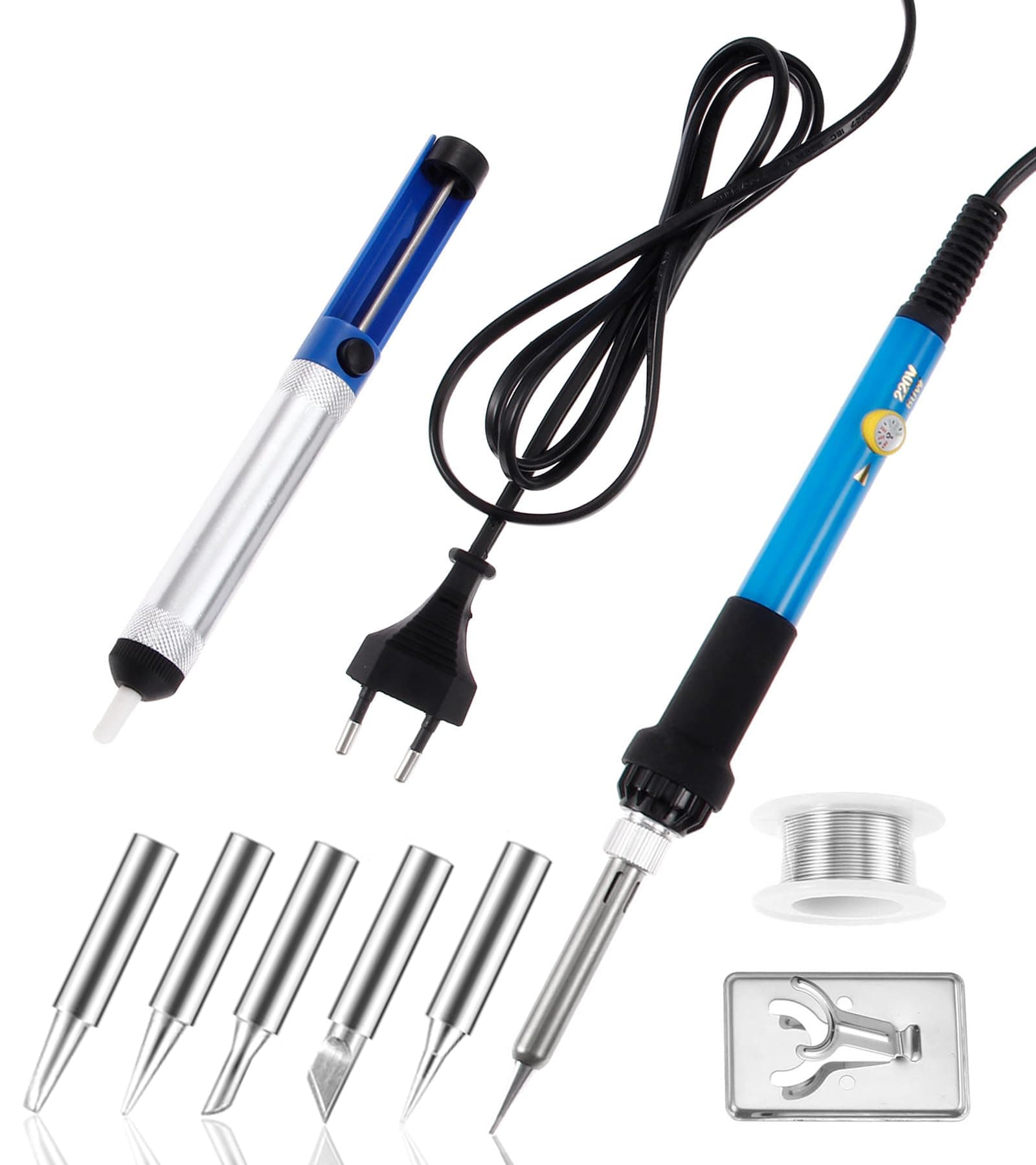 Soldering Iron Kit, 60W 220V Adjustable Temperature Welding Tool, including 5PCS Replacement Tips, Temperature Adjust Soldering Iron, Desoldering Pump, Tin Wire Tube, Soldering Iron Stand