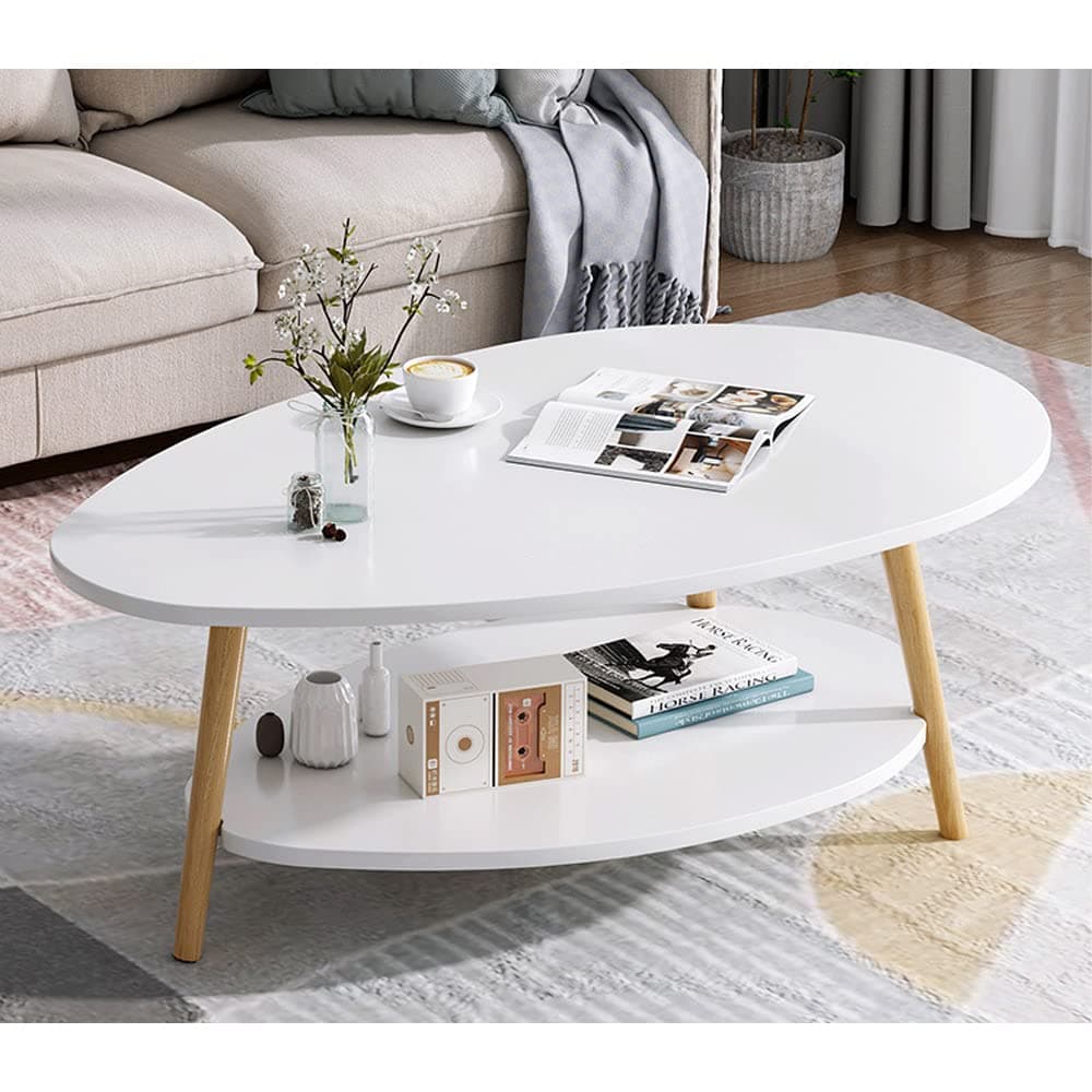 DUSALA Coffee Table-Oval Wood Coffee Table with Open Shelving for Storage and Display 2 Tier Sofa Table, Small Modern Furniture for Living Room&Home (White)