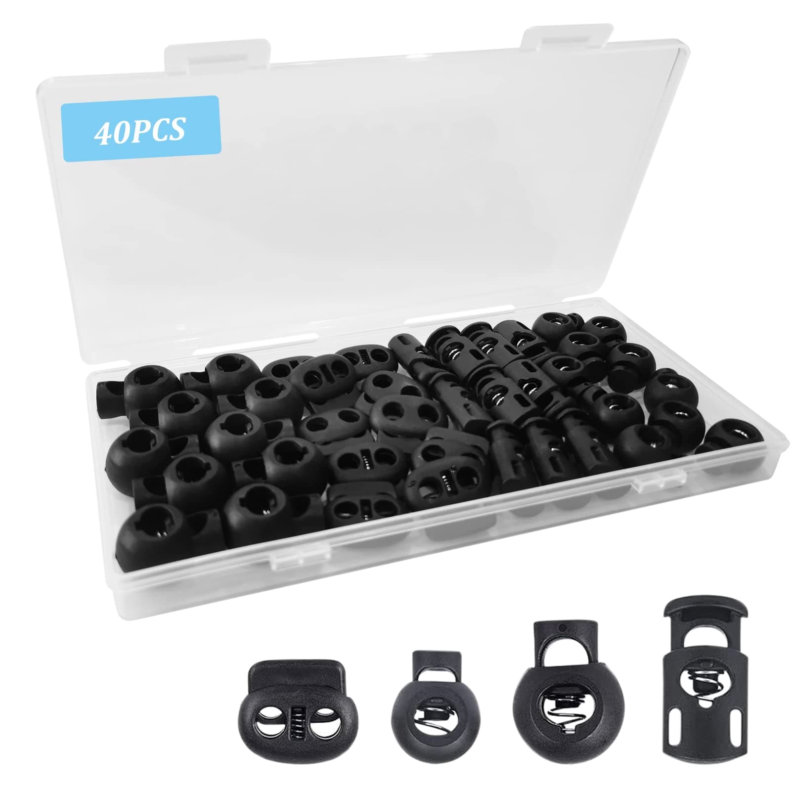 40Pcs Cord Lock, Plastic Cord Locks for Drawstrings, Black Spring Toggle Stopper with 4 Sizes, Elastic Cord Adjuster