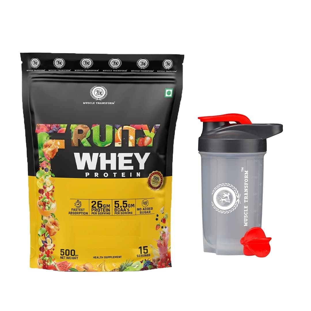 Muscle Transform Fruity Whey Protein Isolate, 26g Protein, 5.5 BCAAs, 6g Glutamine, 15g EAA | Muscle-Building Whey Protein Supplement Powder, Refreshing Whey for Men Women [Rabdi Kulfi, 500g] Free Gym Shaker