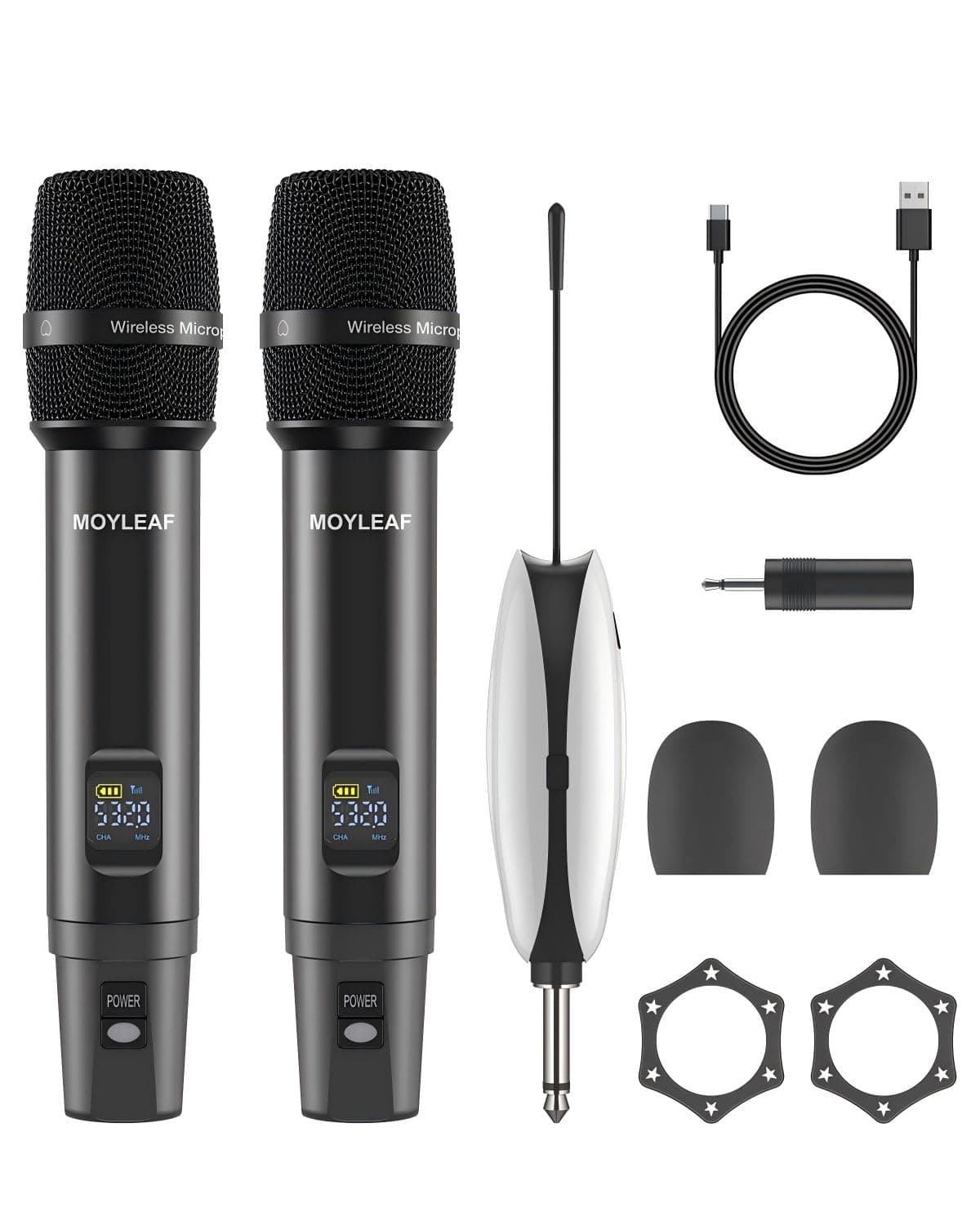 Wireless Microphones, UHF Metal Dual Handheld Cordless Dynamic Mic System with Rechargeable Receiver, 1/4 "Output for Karaoke Singing, Wedding, DJ, Party, Speech, Church, Class Use, 240ft