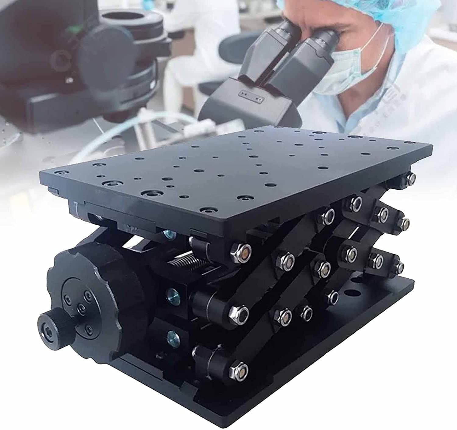 Manual Lift Platform with Scale Ruler, 140 × 220Mm Precision Lifting Platform, Optical Sliding Lift, Load 25Kg, 120Mm Stroke, Vertical Lift Table Z-Axis Lab Jack