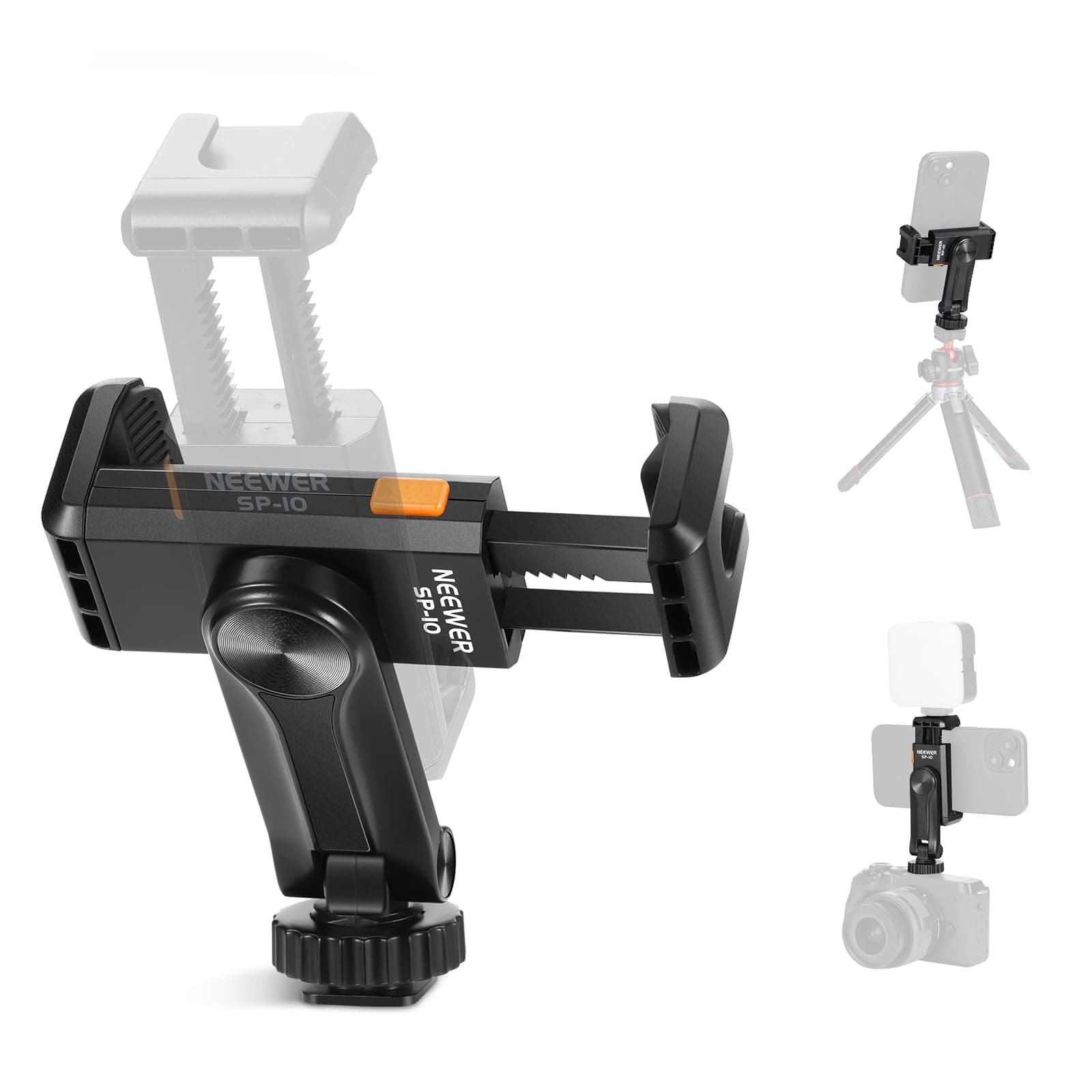 1/4" Thread Tripod Phone Mount with Cold Shoe 6-9cm 360° Rotatable Cell Phone Clamp for iPhone 15 14 13 12 11 Pro Max X XR Samsung S24 Ultra, SP-10