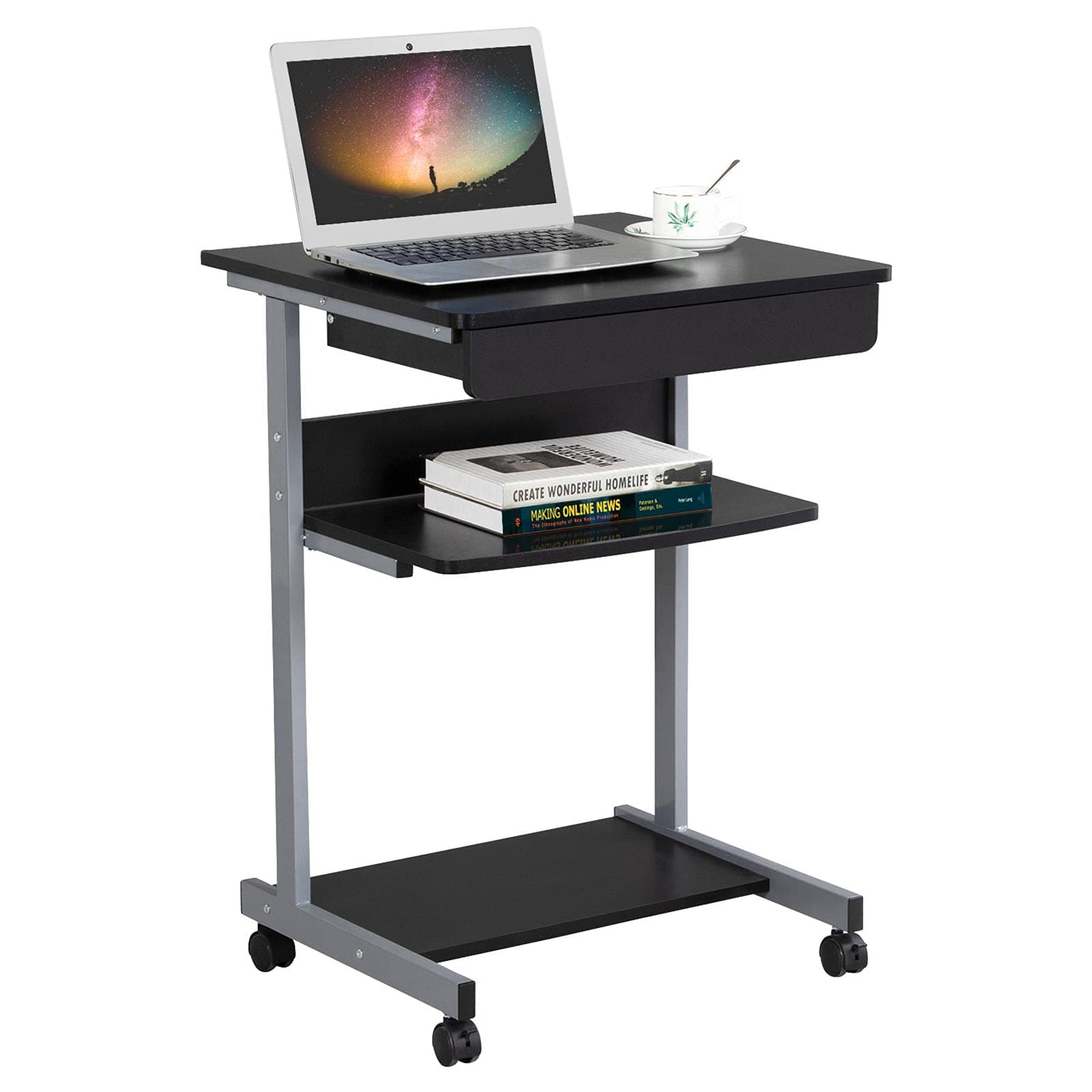 Mobile Compact Computer Desk Cart for Small Spaces, Work Workstation, Writing Desk Table with Drawers and Printer Shelf on Wheels