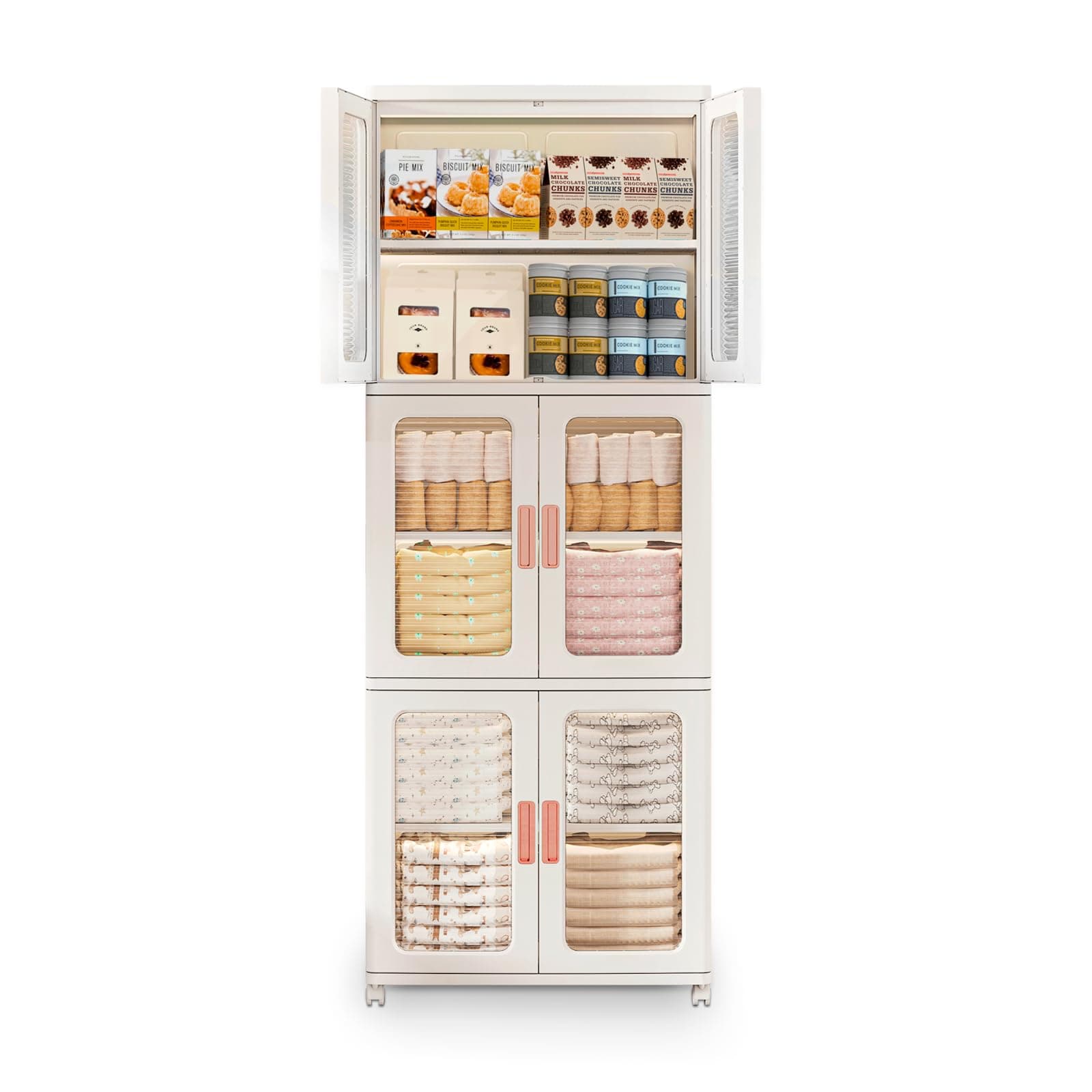 Storage Bins with Lids and Doors Storage Cabinet with Wheels Plastic Stackable Pantry Cabinet Cupboard Closet Foldable Kitchen Collapsible Storage Bins for Book Snack and Bathroom Organizer