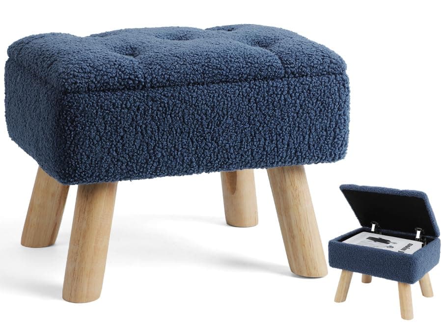 Storage Ottoman, Small Foot Stool Ottoman with Storage, Boucle Teddy Velvet Foot Rest with Padded Seat, Sturdy Wood Legs Stool for Living Room, Bedroom, Couch, Enterway (Dark Blue)