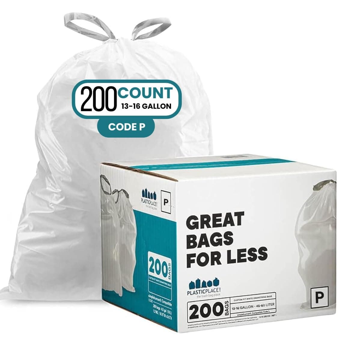 Drawstring Rubbish Bags, Compatible with simplehuman Code P, White Rubbish Liners 13-16 Gallon / 50-60 Liter, 23.5" x 31.5", (200 Count)
