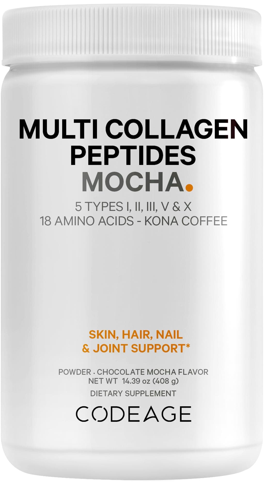 Codeage, Multi Collagen Peptide Mocha Powder, Chocolate Mocha, 14.39oz