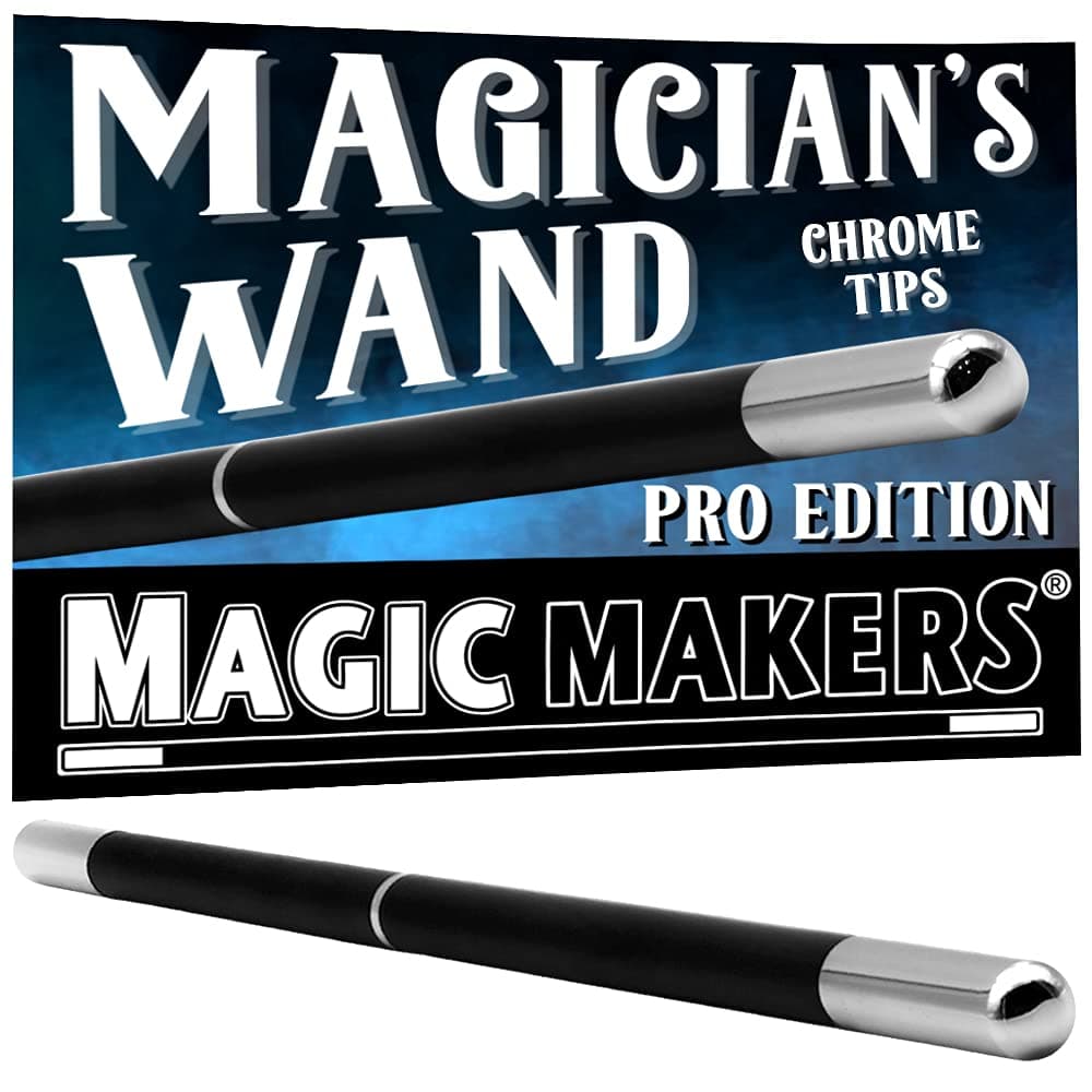 Magic Makers Pro Model Magician's Wand Black and Chrome - 13.5 Inches Real Wood with Metal Tips