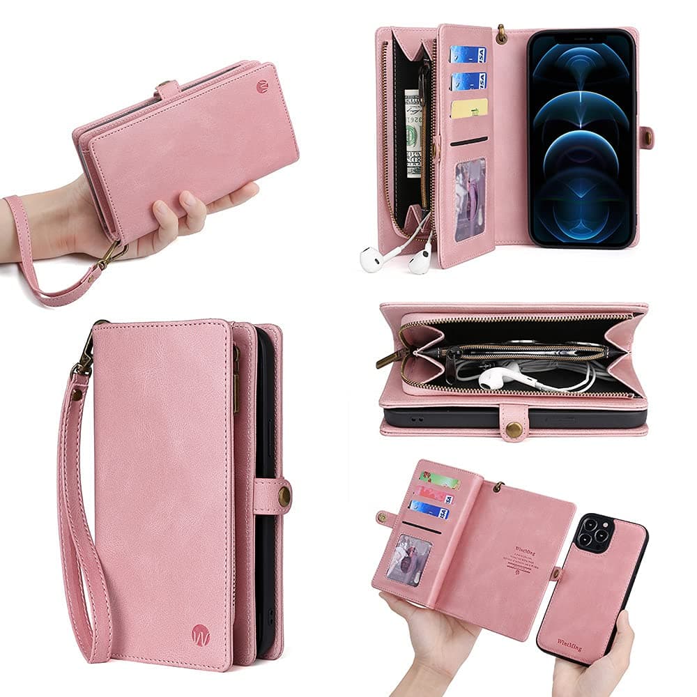 Compatible with iPhone 13 Pro Max Wallet Case, PU Leather with Card Holder Magnetic Clasp Zipper Kickstand Detachable 2 in 1 Protective Cover (Pink, iPhone 13 Pro Max)