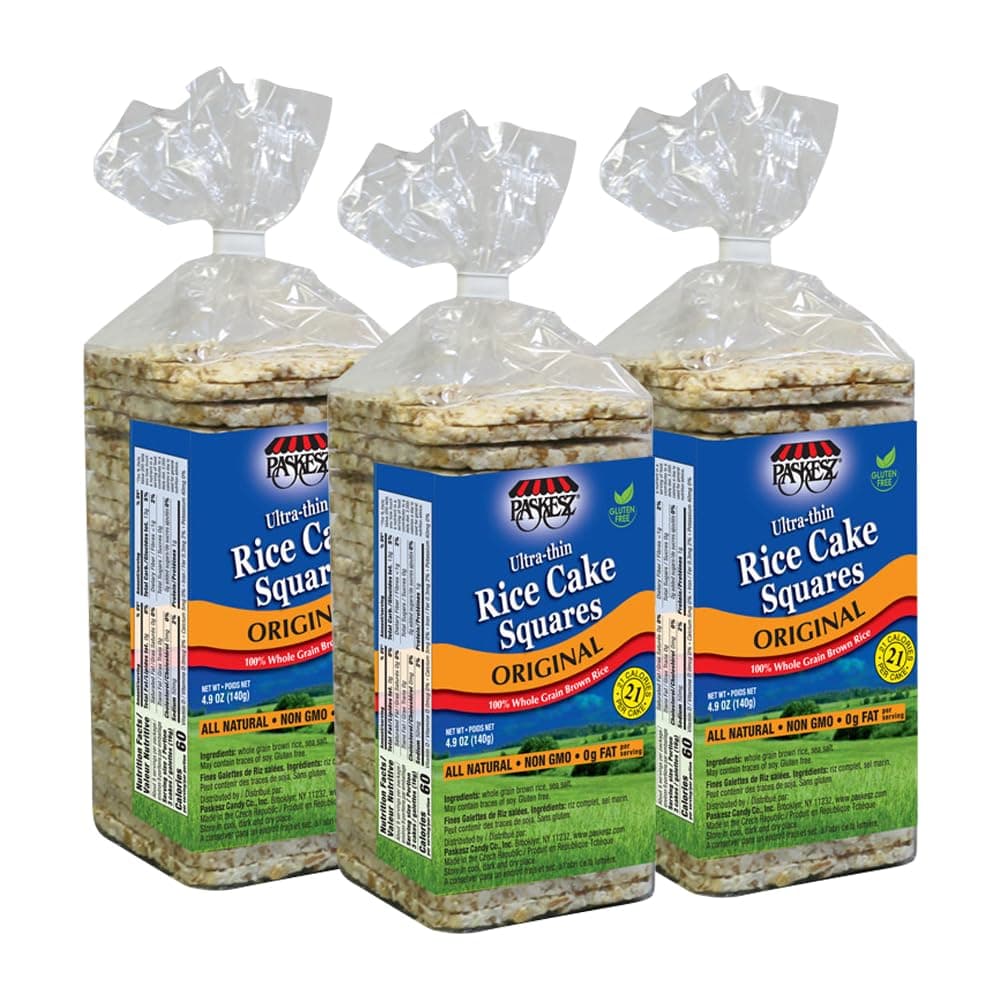 Ultra Thin Rice Cakes Squares Original All Natural Whole Grain Brown Rice, Gluten Free Rice Cakes, Non GMO, Fat Free (Pack of 3)