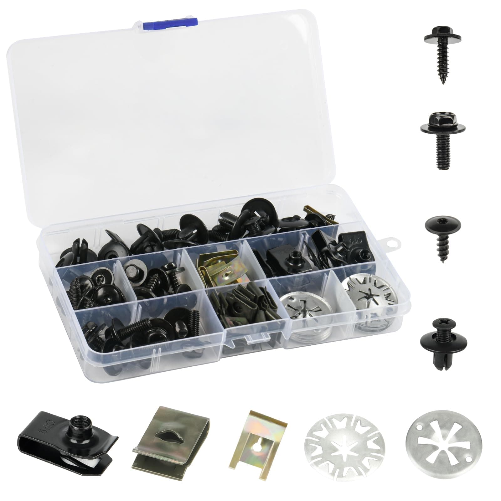 Realure 80 Pcs Car Panel Clips & Plastic Screws Kit, with Heat Shield & U Clips, Engine Undertray Screws, Car Fasteners Set