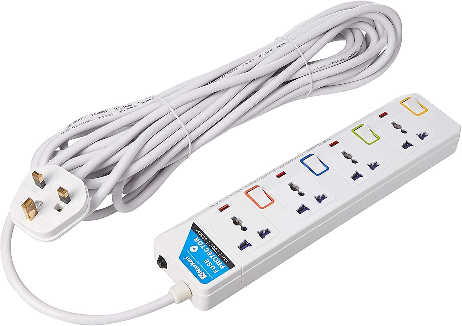 Narken E-Series Electric Universal Extension Cord 4 Socket 10 Metre Power Strip Wire, 13A Fuse Surge with Separate Single Switch and Indicate Light, Max 13A, 3250W, AC 250V