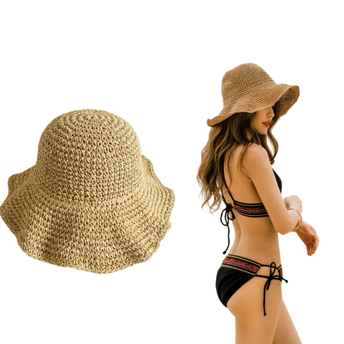 XForce Plaza Folding Straw Hat Women's Summer Outing Sun Visor Holiday Cool Cap Seaside Beach Hat Tide Summer Hats Brown, Medium