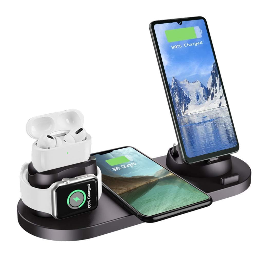 6 in 1 Charger Station Compatible with iPhone/Android/Type-C, Aqonsie Qi Fast Wireless Charging Dock Stand for Apple Watch/AirPods Pro/AirPods/iPhone/Samsung/Huawei/HTC/LG Christmas (Black)