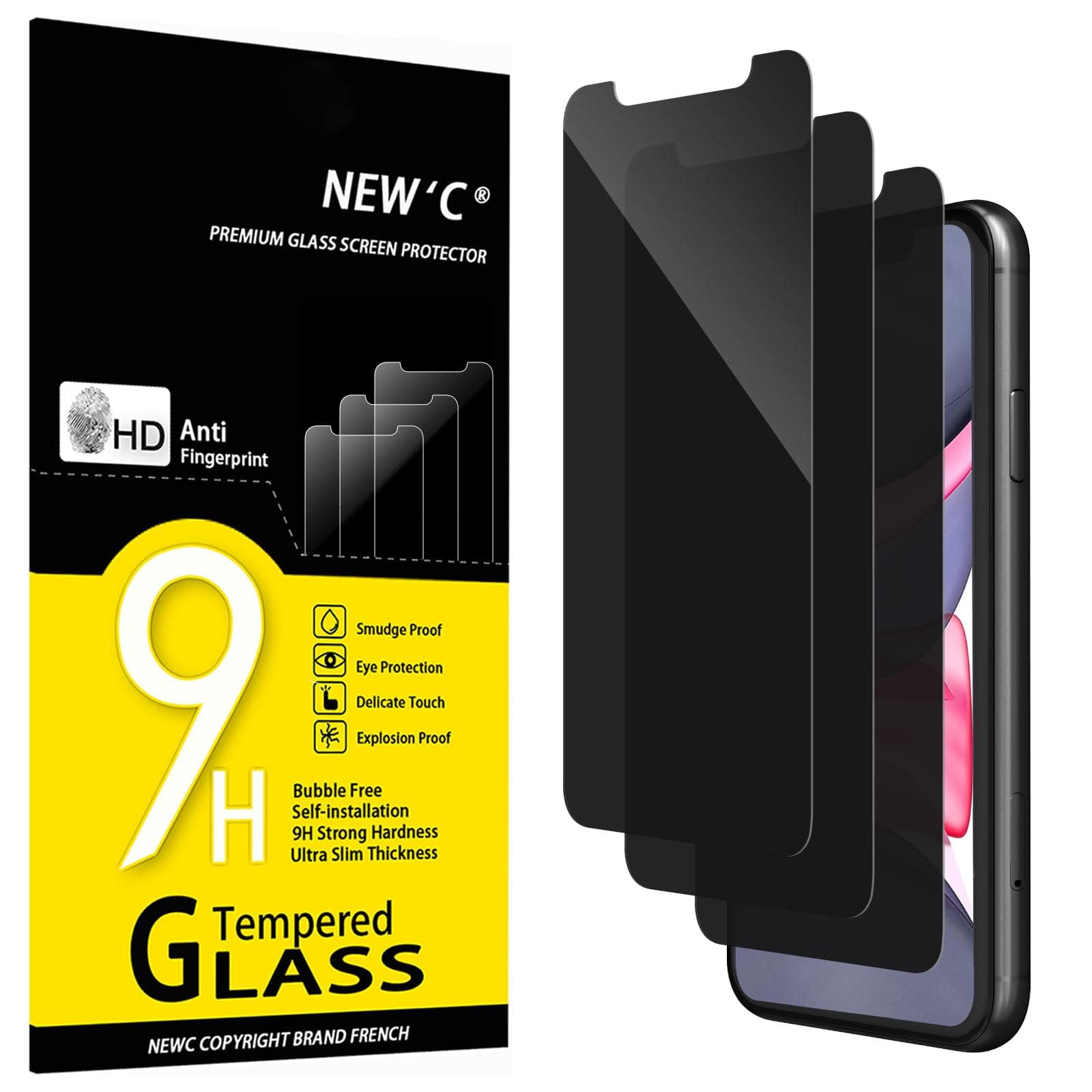 NEW'C 3 Pack Privacy for iPhone 11, iPhone XR Screen Protector, Enhanced 28-Degree Privacy Angle, Ultra Durable 9H Hardness, Bubble-Free