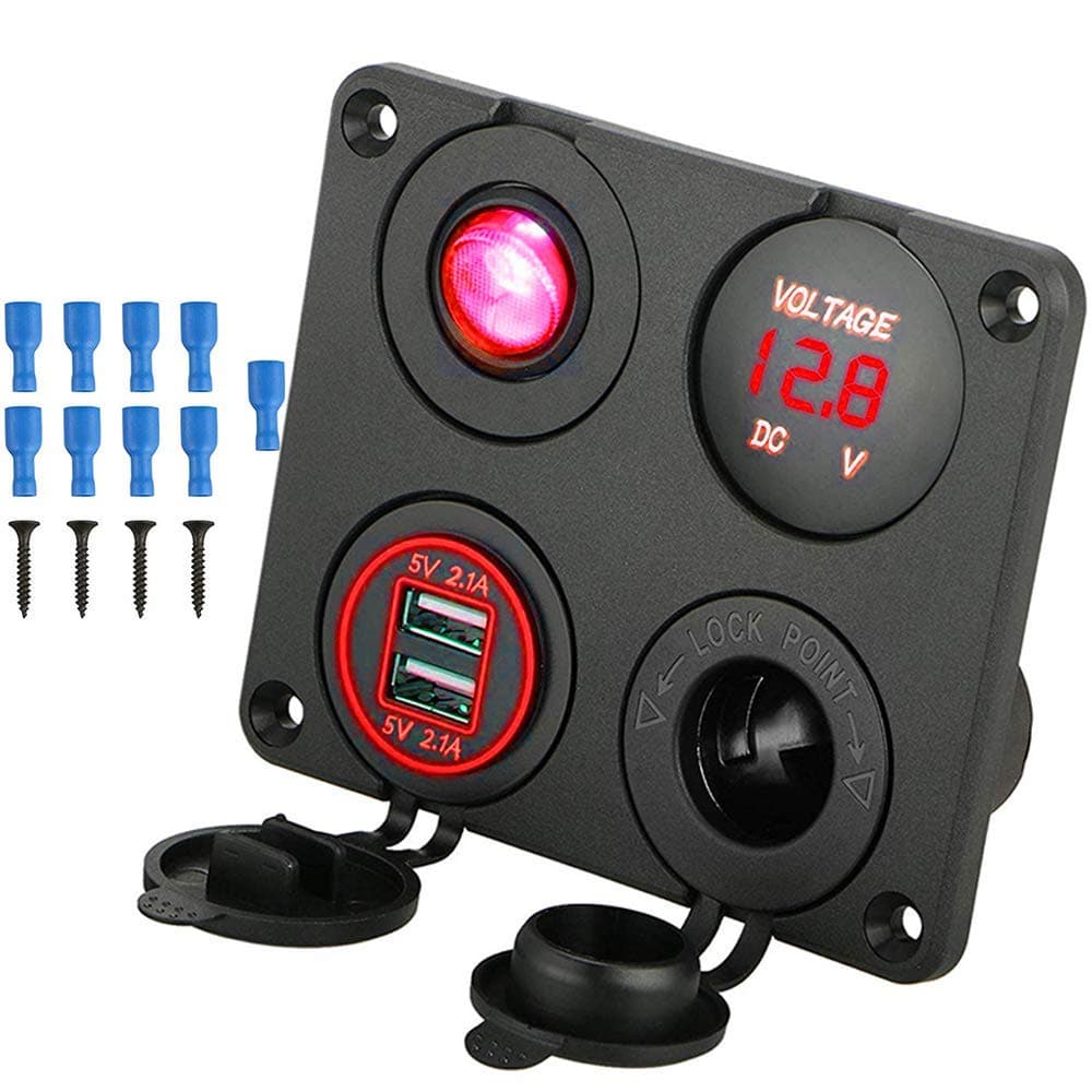 12v rocker switch panel, Boat Car Waterproof Led Rocker Switch Panel with Dual USB Slot Socket + Cigarette Lighter LED Light for Car Rv Vehicles Truck