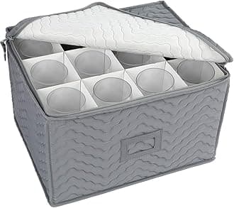 LotFancy Stemware Storage Container - Deluxe Quilted Storage Case with Dividers for 12 - Wine Glasses, Champagne Flutes, Glassware, Drinkware Storage Chest, 15.5‚x12.5‚x 10‚, Gray