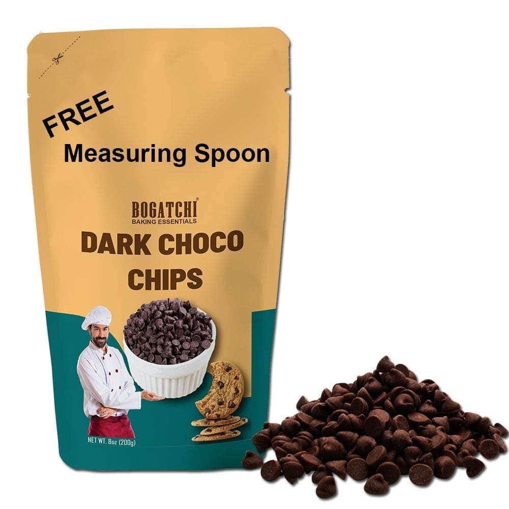 BOGATCHI Chocolate Chips for Baking and Decoration, Dark Chocolate Chips, Dark Chocolate Chips, Gluten Free and Tasty, 200g with Free Measuring Spoon