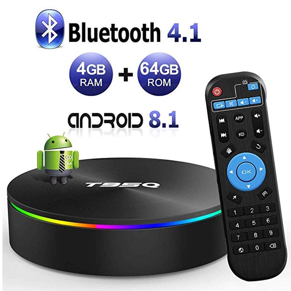 CSJD Android TV BOX, T95Q Android 8.1 TV BOX 4GB RAM 64GB ROM Amlogic S905X2 quad-core Cortex-A53 Bluetooth 4.1 HDMI 2.1 4K resolution H.265 2.4GHz and 5GHz dual-band WiFi smart box