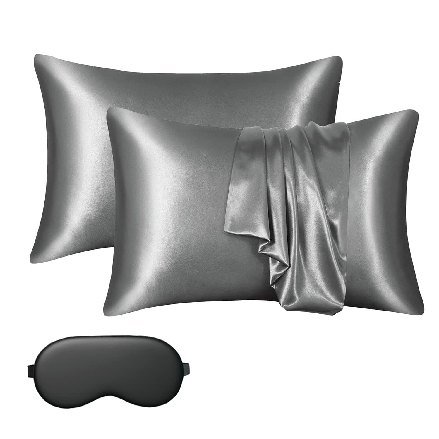 BSELLERER 2pcs Silk Pillow Case Pillow Covers Soft Breathable Smooth Double Sided For Hair 50x75 Envelope Closure Silk Pillowcase with Eye Mask(Grey)