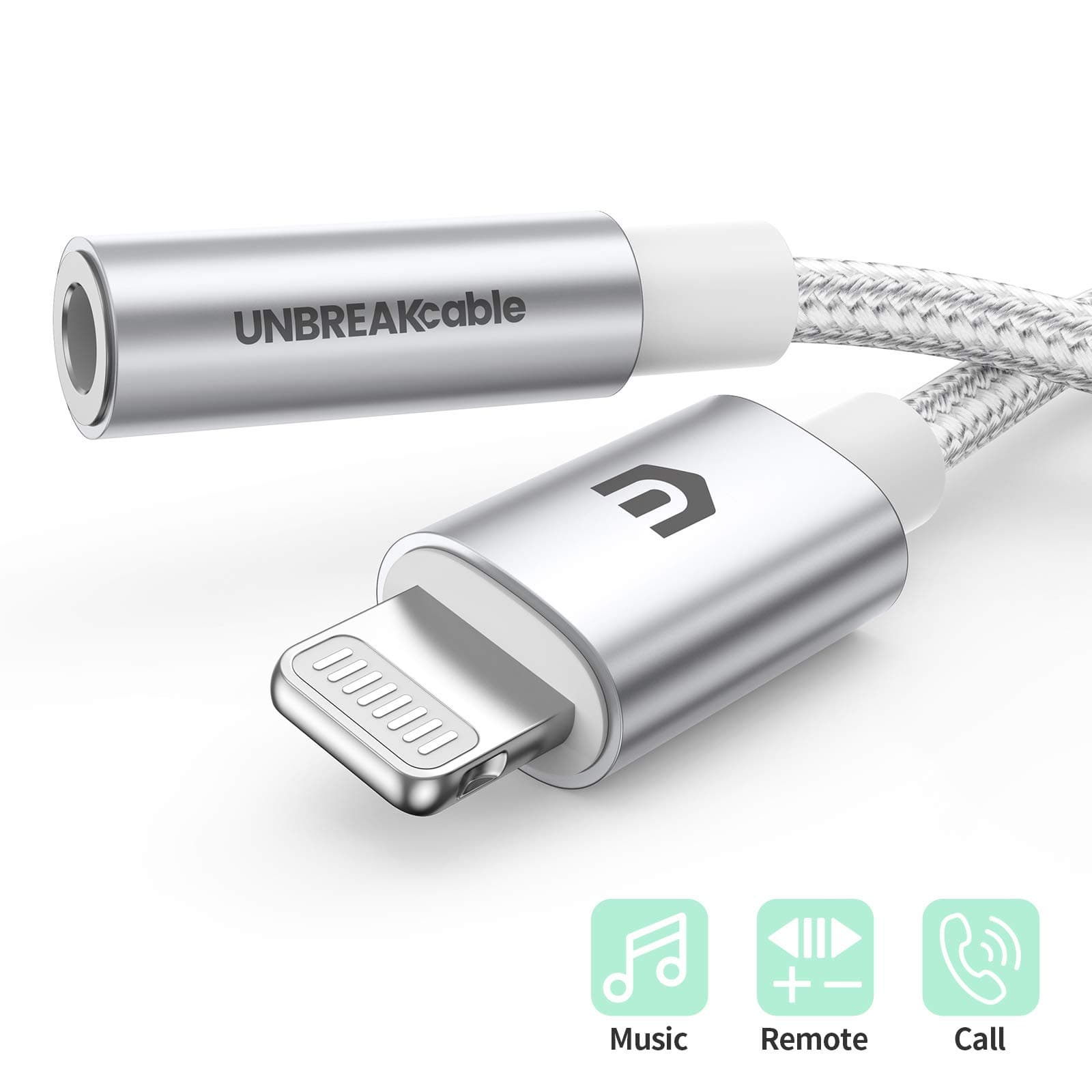 UNBREAKcable iPhone Headphone Adapter [Apple MFi Original Chip] iPhone Lightning to Headphones 3.5mm Jack Adapter Compatible with iPhone 13/13 Pro/12/11/8/7/SE/XR, iPod, iPod - Braided, Silver
