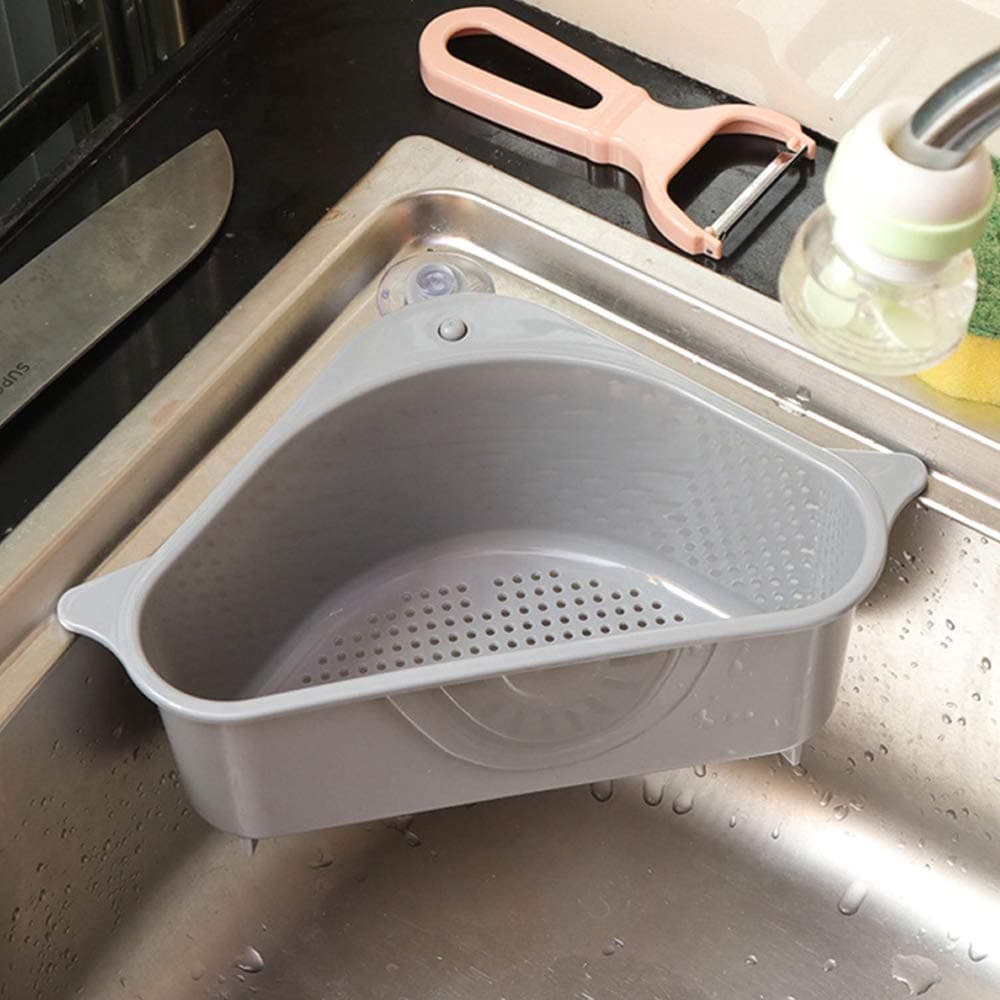 Triangular Sink Drain Shelf, Multifunctional Holder Drain Shelf with Suction Cup Kitchen Sink Corner Hanging Basket Shelf Sink Basket for Kitchen Bathroom (Grey)