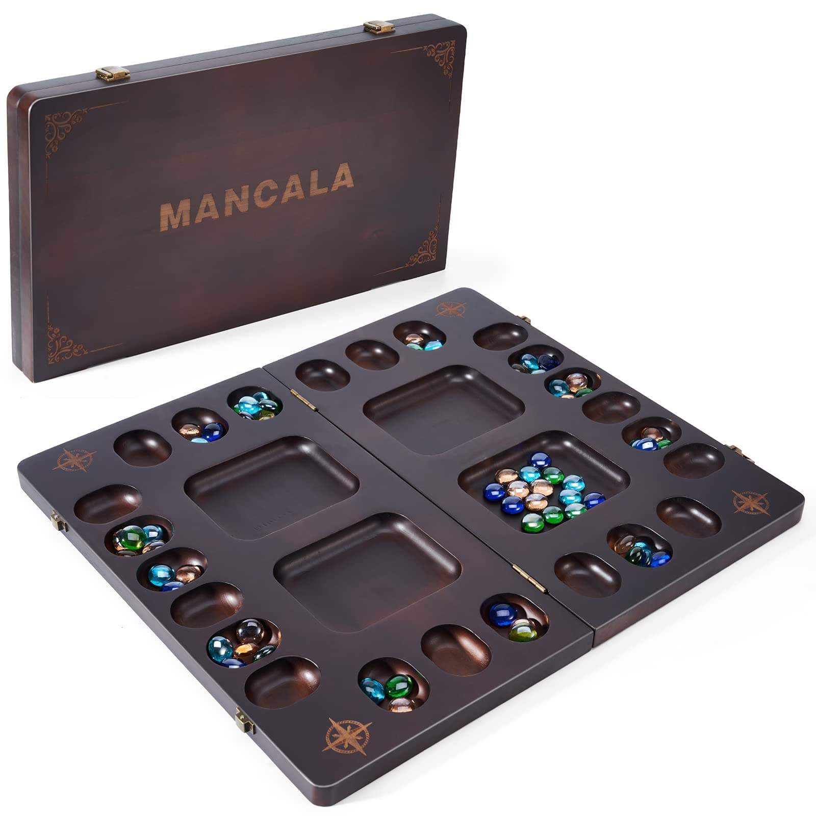 VAMSLOVE 4-Player Mancala Board Game Set - Folding Board - 96+12 Bonus Multi Color Glass Stones ( Games Instructions Included )