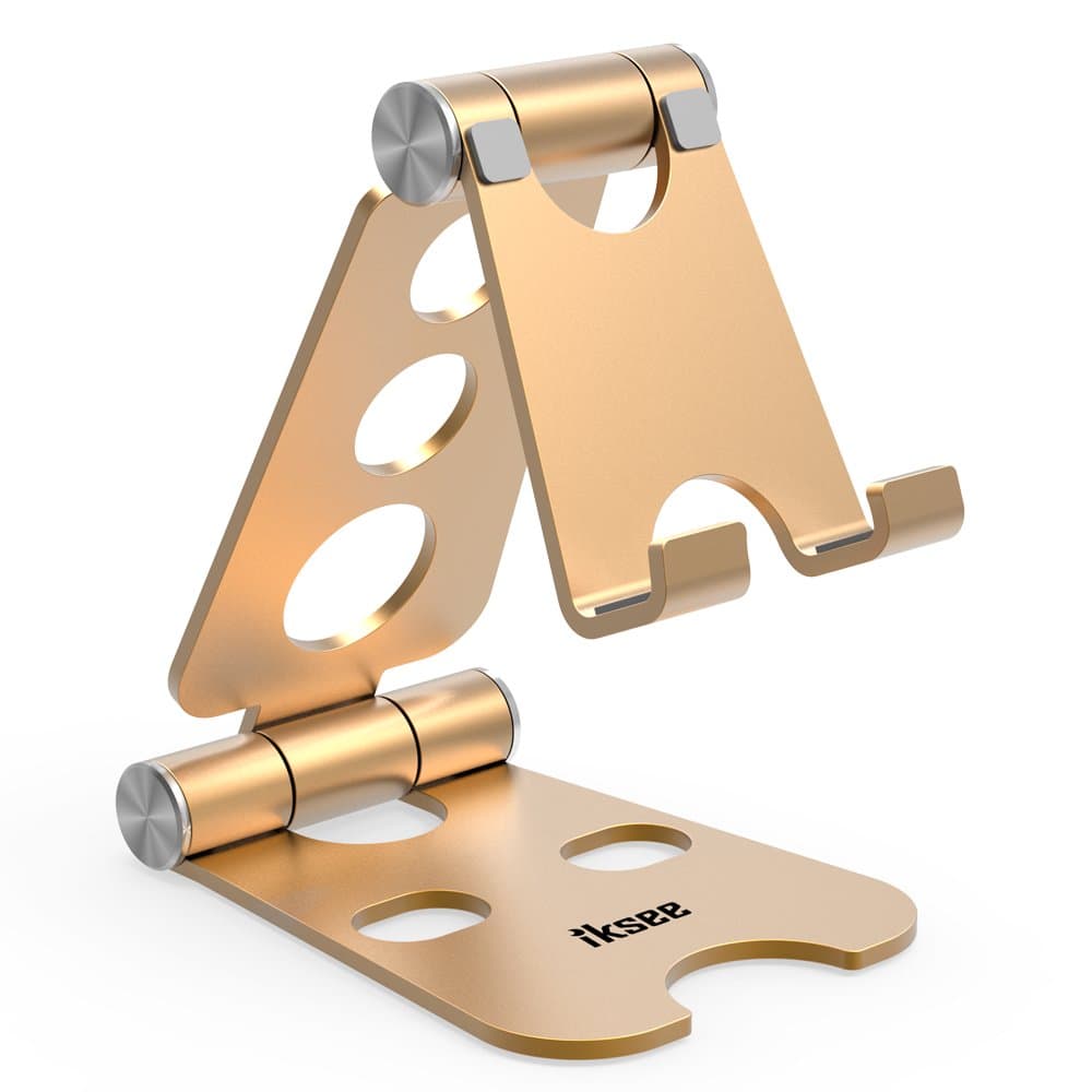 iKsee Adjustable Cell Phone Stand, Smartphone Tablet Stand, Dual Foldable Phone Holder, Cradle for iPhone 8 X 7 6 6s Plus 5 5s 5c Tablet E-Reader(4-13"), Desk Accessories-Gold Rose