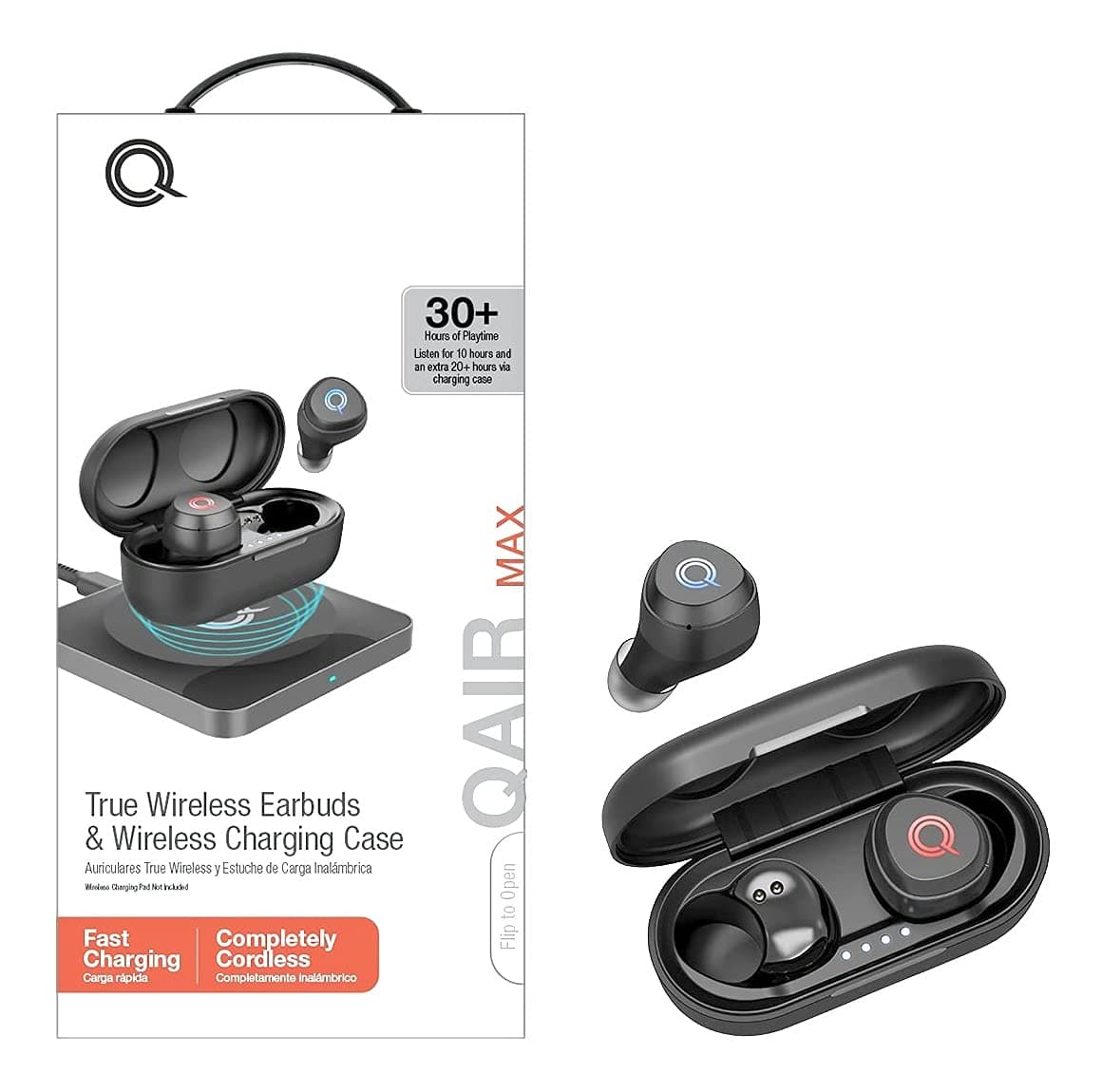 QUIKCELLQAIR MAX True Wireless Earbuds with Charging Case (QI-Enabled Wireless Charging CASE) - (Black)