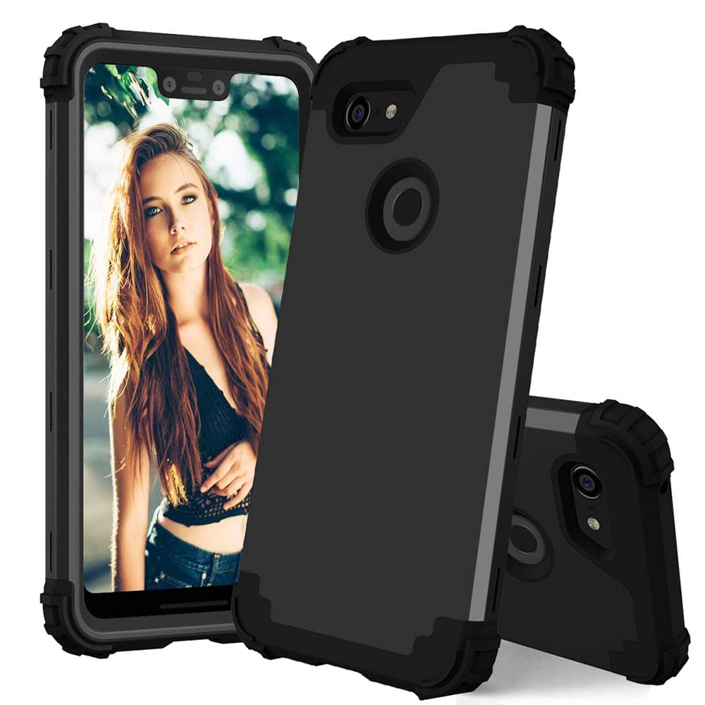Phone Case for Google Pixel 3 XL Hard Cover Shockproof Soft Silicone Bumper Hybrid Three Layer Defender Heavy Duty Protective Wireless Charging Cell Accessories Pixel3 3XL Cases Women Men Black