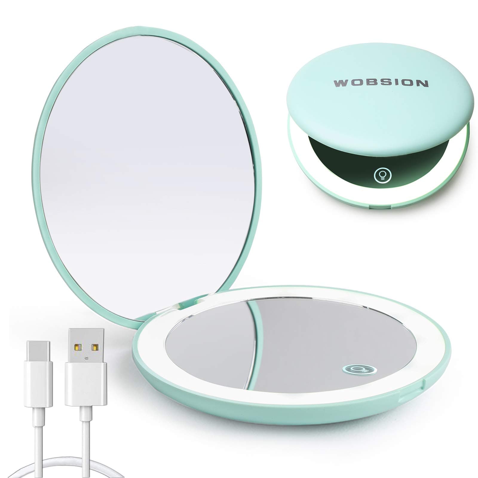 Led Compact Mirror,Rechargeable 1x/10x Magnification Compact Mirrors with Light,Dimmable Small Travel Makeup Mirror for Handbag,Pocket,Purse,Handheld,Gifts for Girls,Cyan