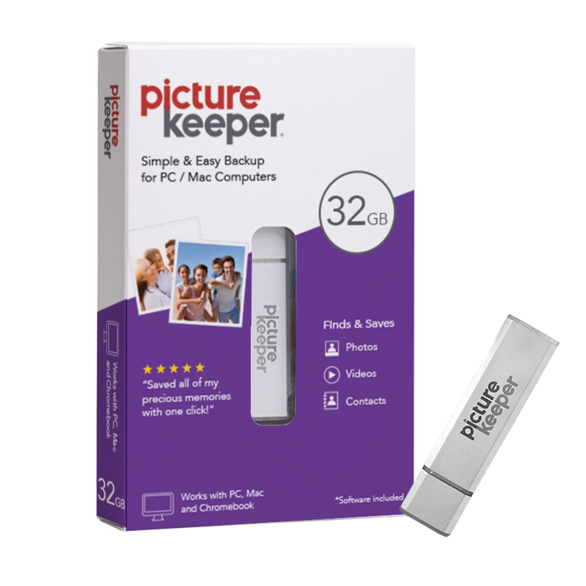 Picture Keeper for Mac & PC - 32GB USB Stick Backup for Photos, Videos, Contacts, Laptop, Computer and MacBook Flash Drive Memory Backup- 32GB, Silver