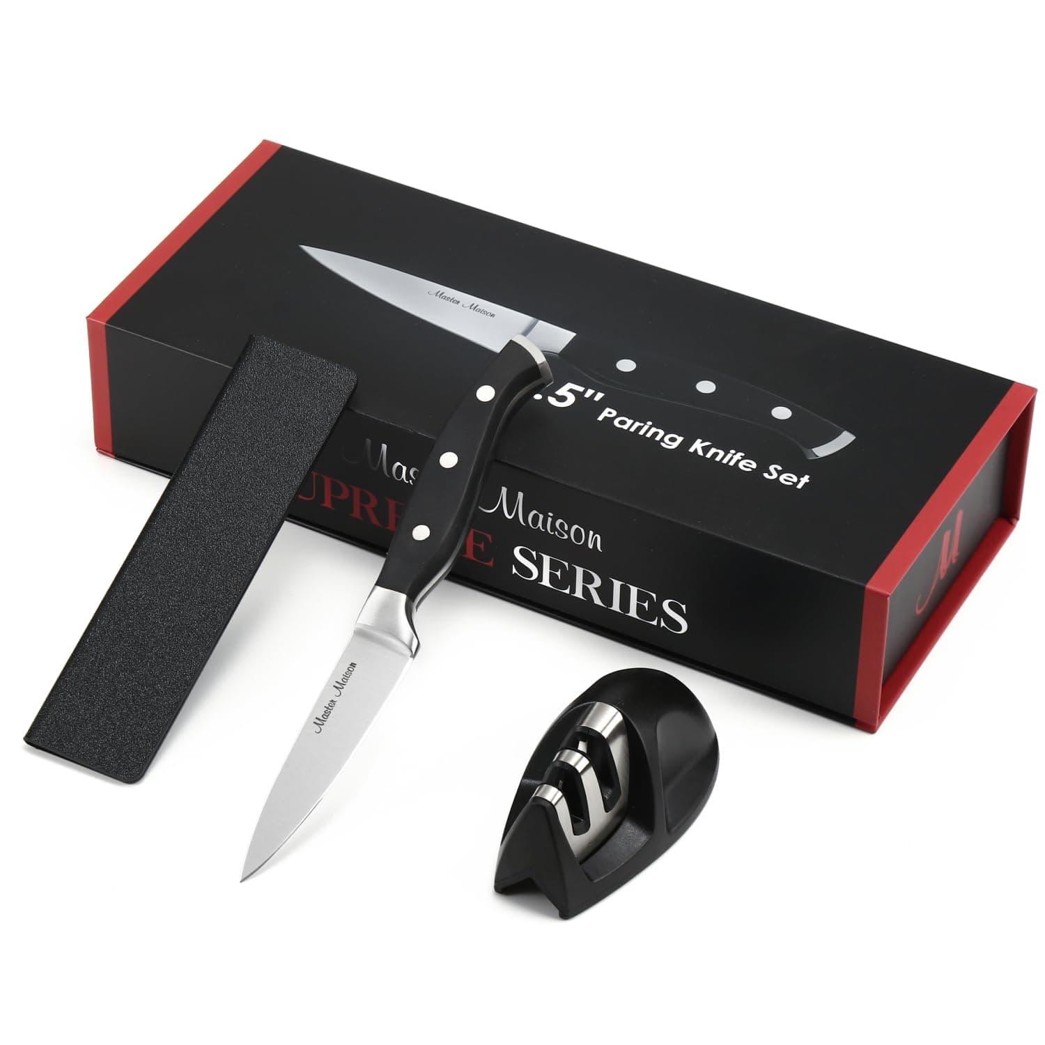 Master Maison 3.5 Inch Paring Knife With Sharpener - Professional German Stainless Steel Kitchen Knife Set With Black Handle, Edge Guard, and Dual Sharpener - Precise Peeling Tool